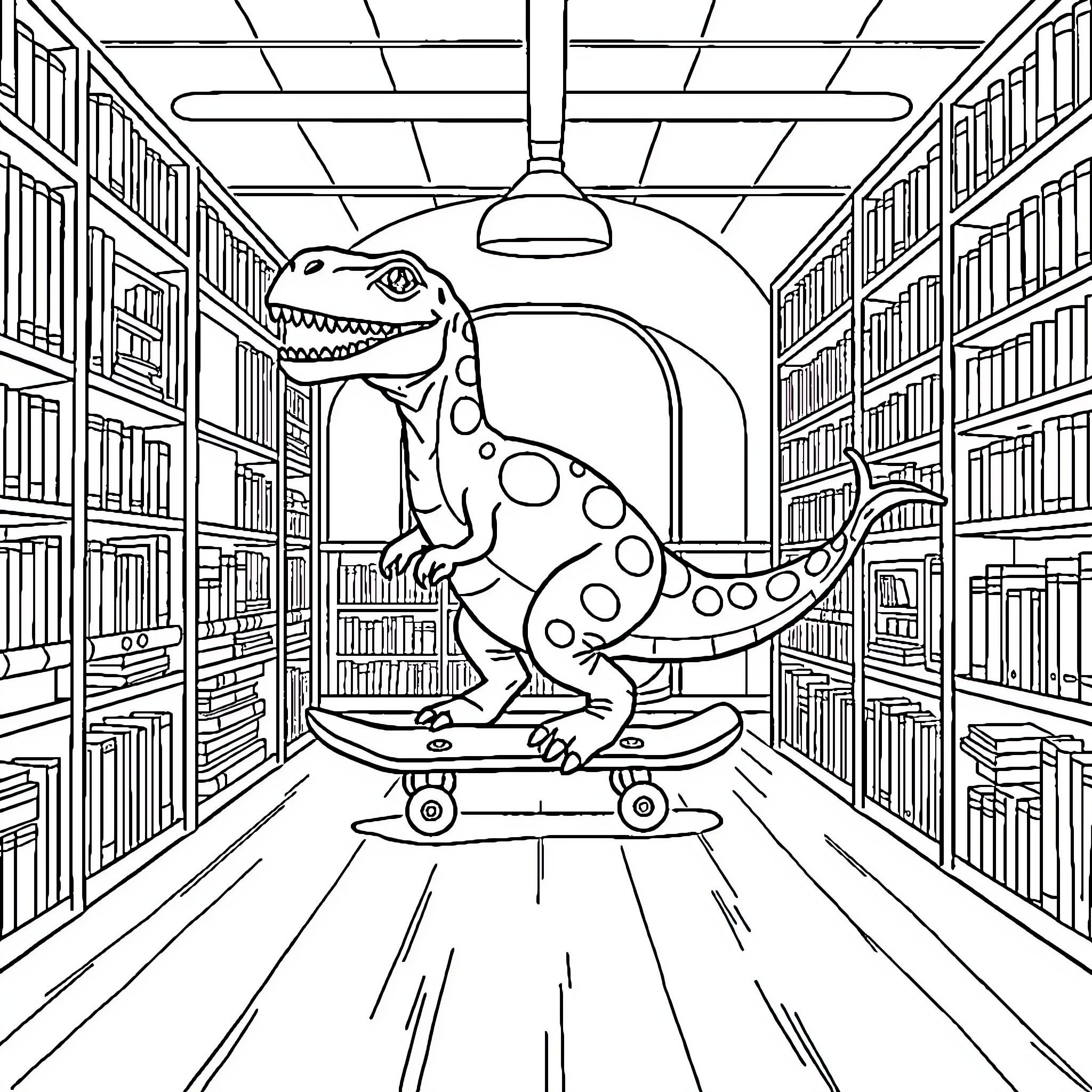 Dinosaur skateboarding through a library Coloring Page (free black-and-white line drawing printable PDF for all, from beginners to advanced learners, including children, teens, adults, and seniors)