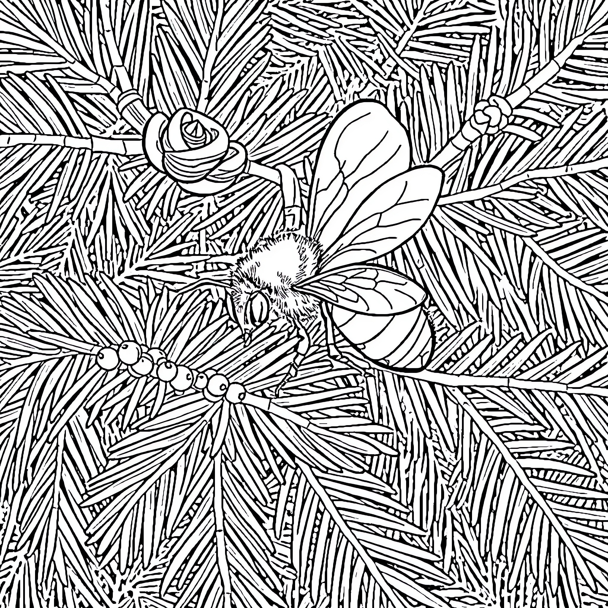 Bee exploring intricate floral patterns Coloring Page (free black-and-white line drawing printable PDF for all, from beginners to advanced learners, including children, teens, adults, and seniors)