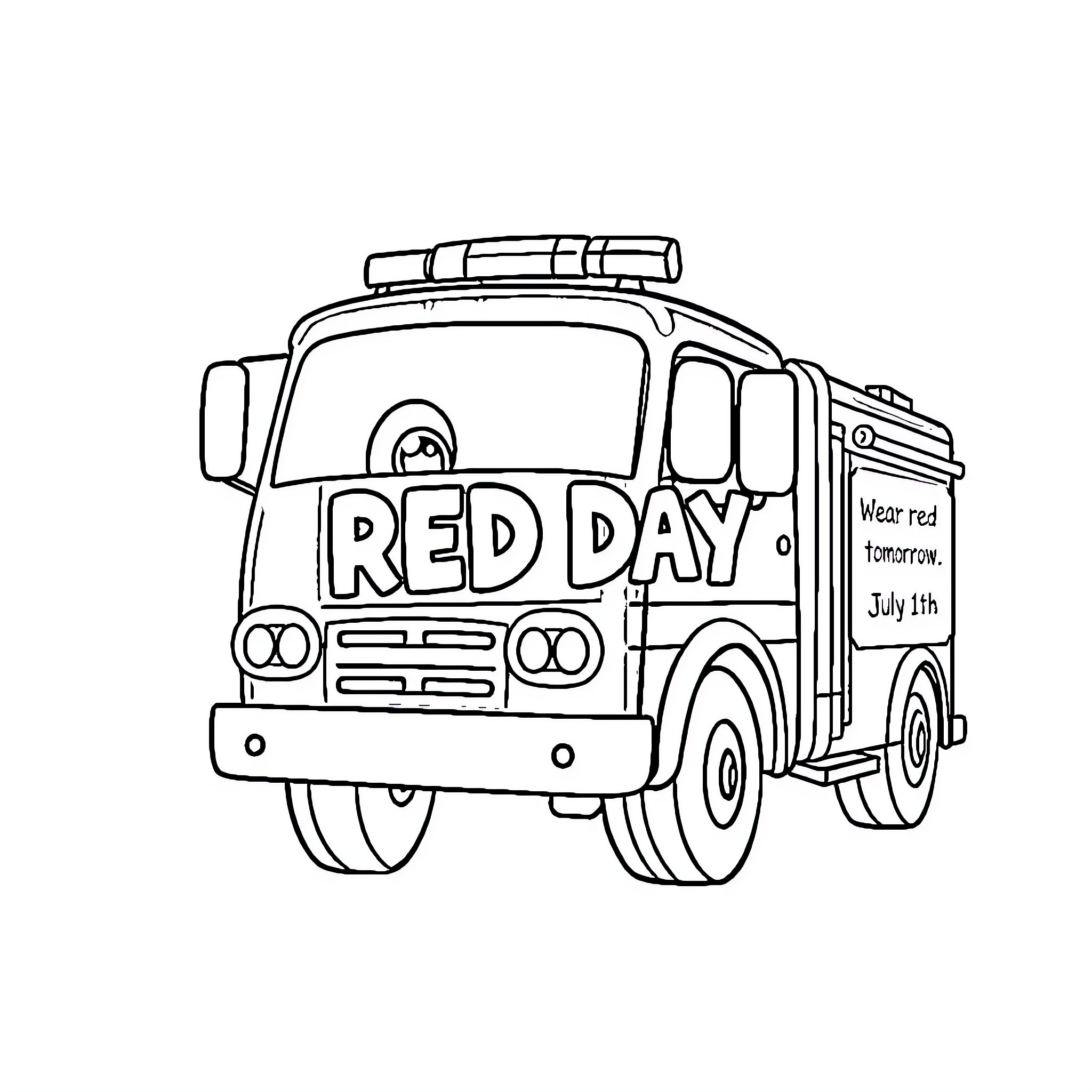 Fire Truck with Firefighter Equipment and Text Coloring Page (free black-and-white line drawing printable PDF for all, from beginners to advanced learners, including children, teens, adults, and seniors)