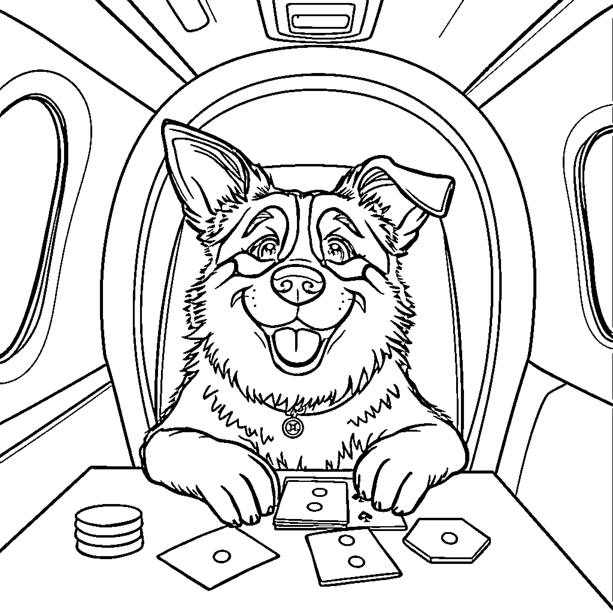 Dog playing cards in the RV Coloring Page (free black-and-white line drawing printable PDF for all, from beginners to advanced learners, including children, teens, adults, and seniors)