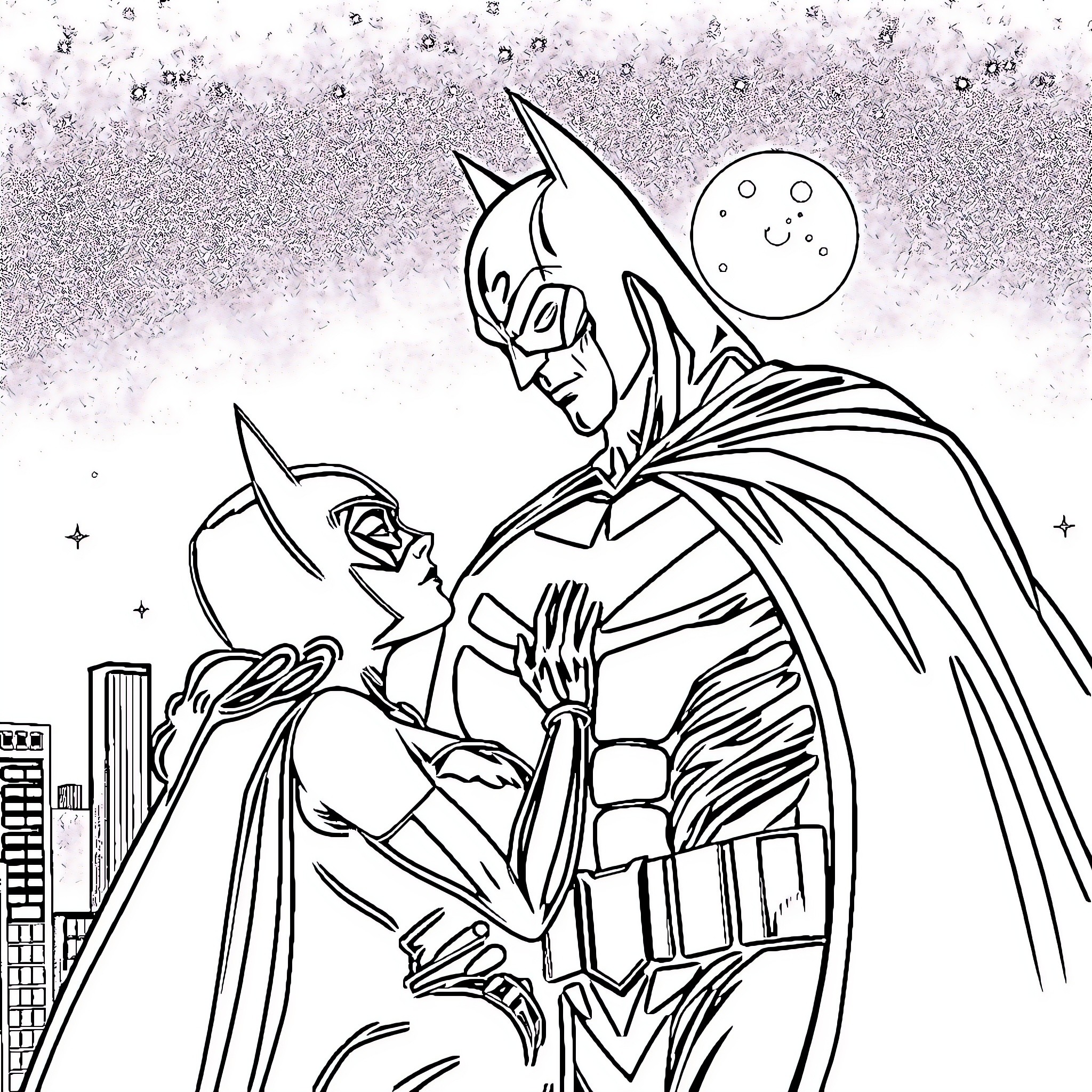 Bat-themed superhero characters in a city scene Coloring Page (free black-and-white line drawing printable PDF for all, from beginners to advanced learners, including children, teens, adults, and seniors)