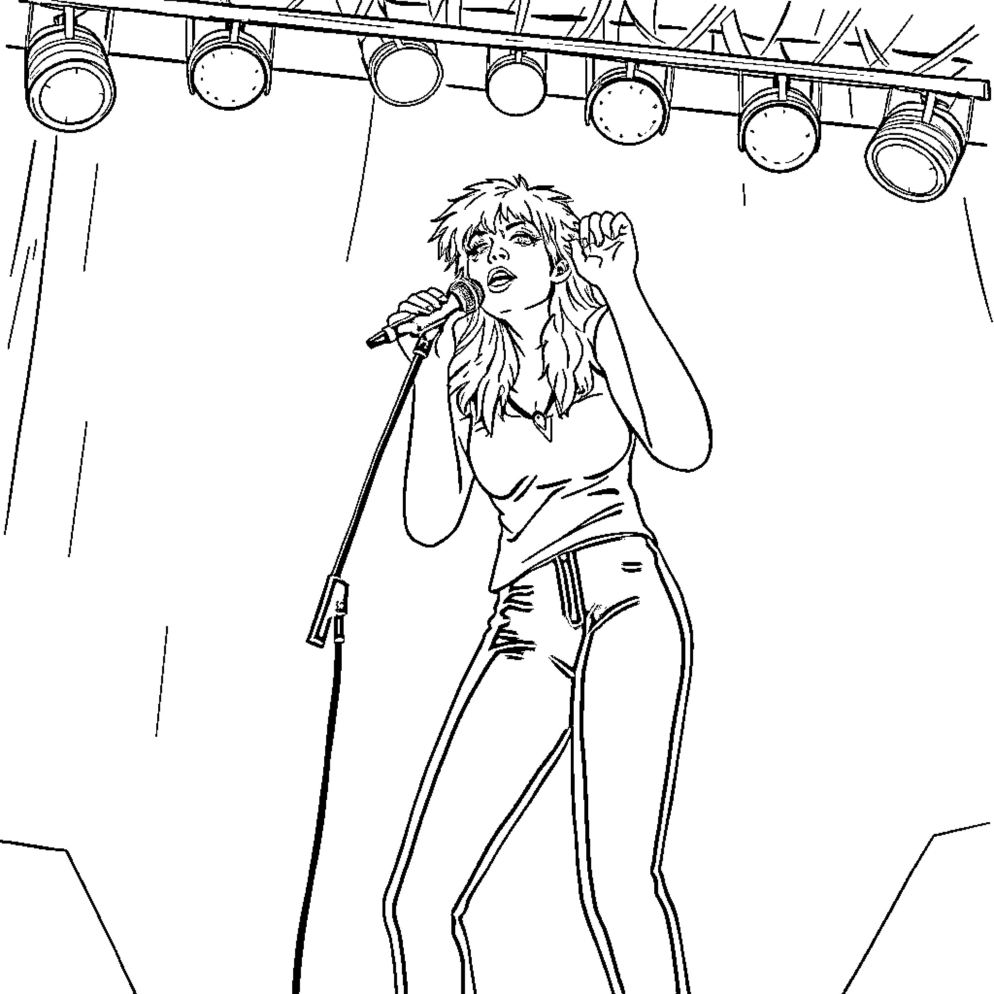 Huntrix Performer Singing on Stage Coloring Page (free black-and-white line drawing printable PDF for all, from beginners to advanced learners, including children, teens, adults, and seniors)