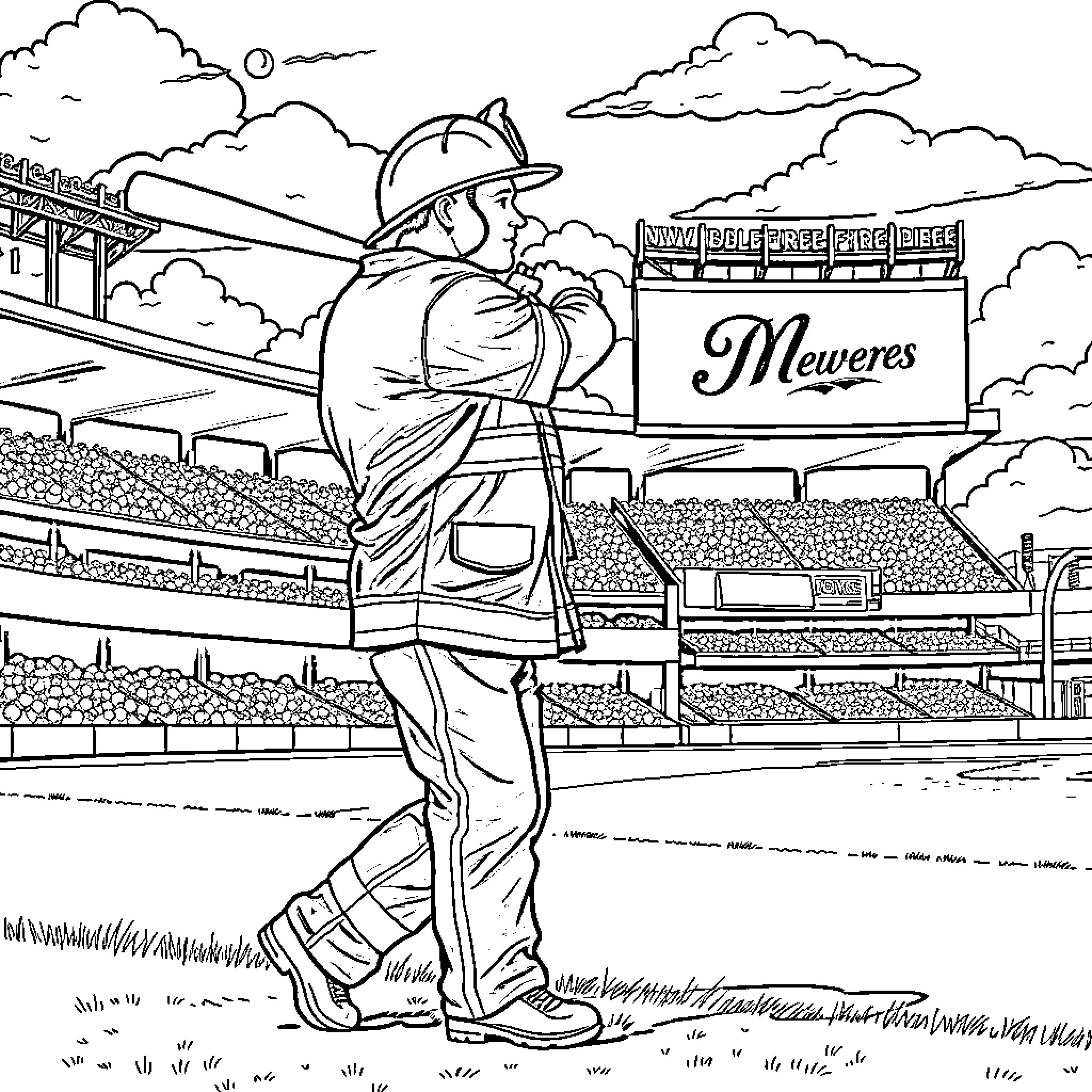 Fire Fighter Stands Proudly in Stadium Coloring Page (free black-and-white line drawing printable PDF for all, from beginners to advanced learners, including children, teens, adults, and seniors)