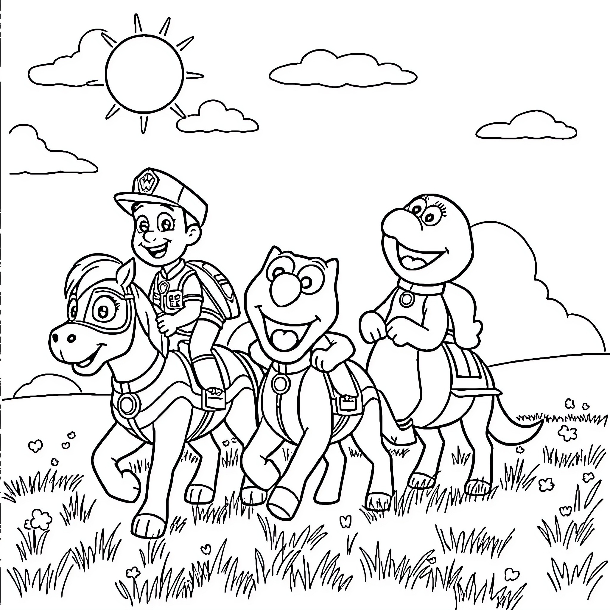 Paw Patrol characters on an adventure outdoors Coloring Page (free black-and-white line drawing printable PDF for all, from beginners to advanced learners, including children, teens, adults, and seniors)