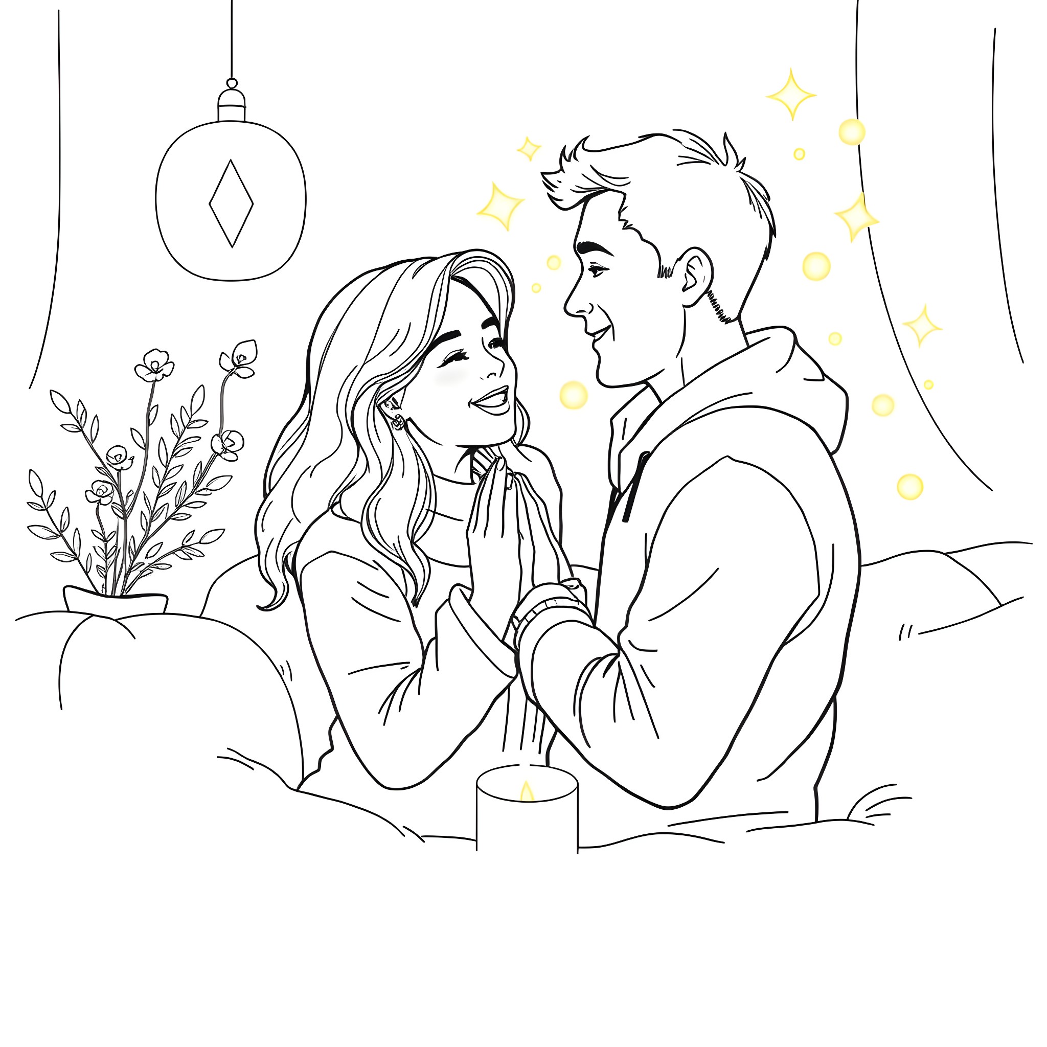 Woman shares a romantic moment with her partner Coloring Page (free black-and-white line drawing printable PDF for all, from beginners to advanced learners, including children, teens, adults, and seniors)