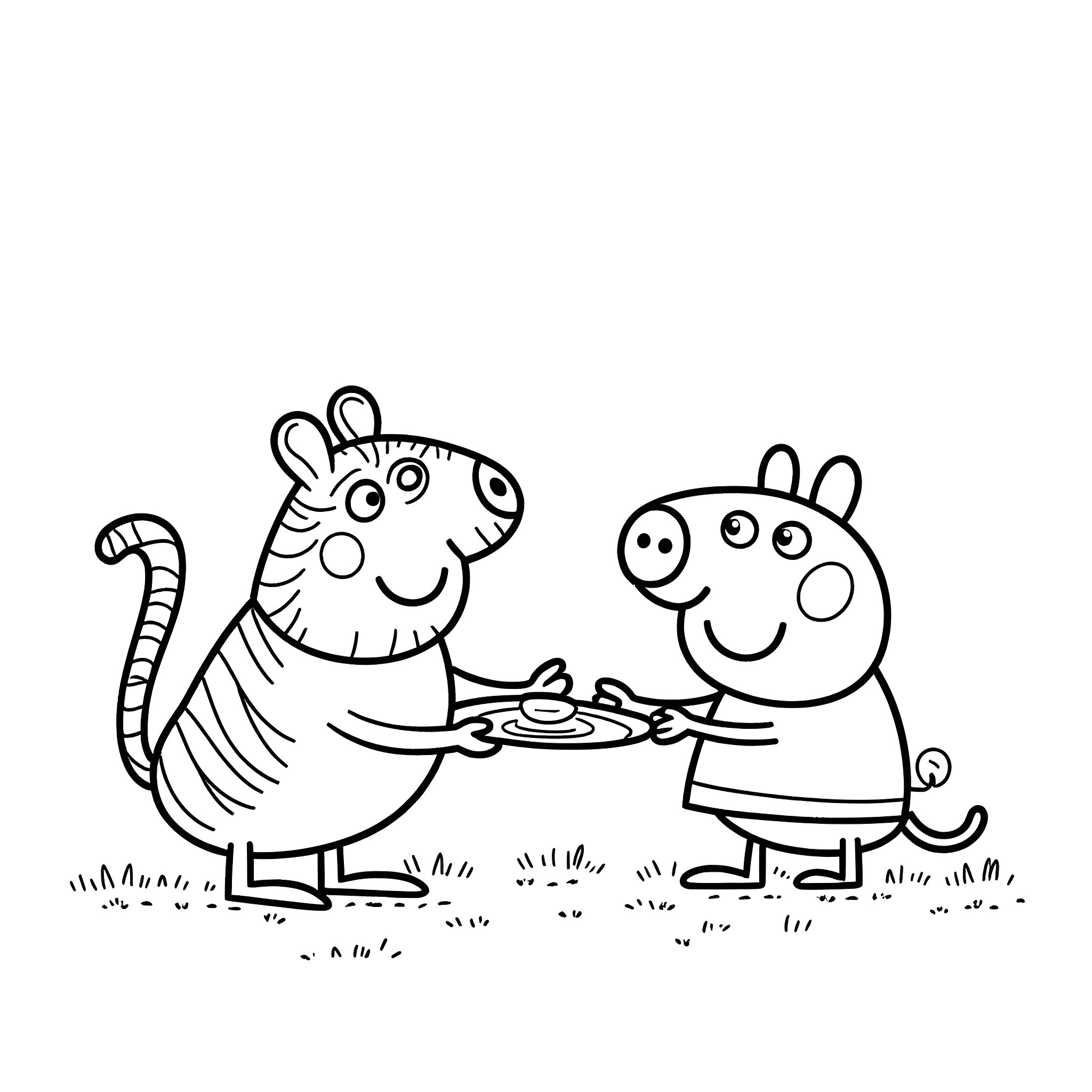 Tiger and Pig Sharing a Meal Coloring Page (free black-and-white line drawing printable PDF for all, from beginners to advanced learners, including children, teens, adults, and seniors)