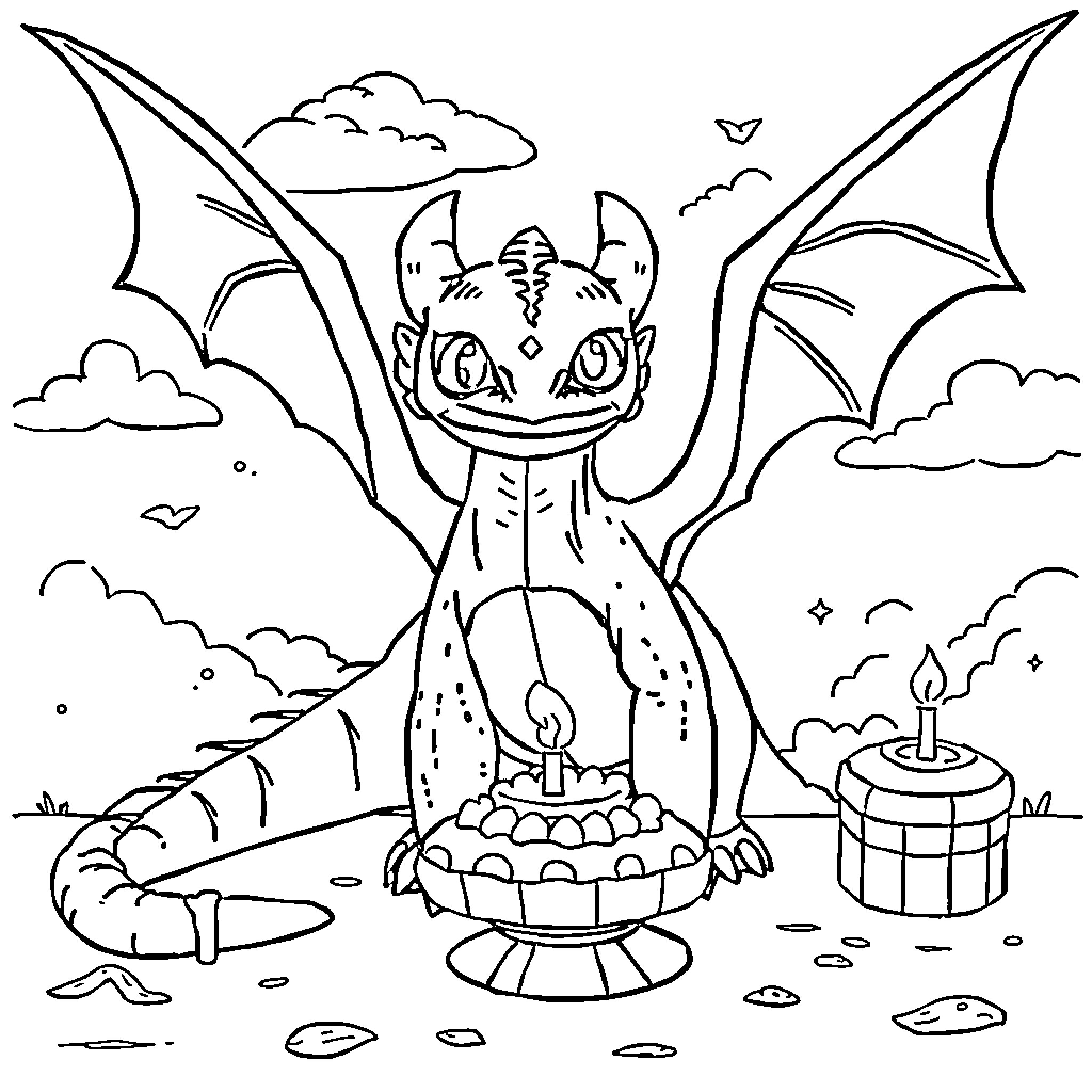 Dragon celebrating birthday with cake and candle Coloring Page (free black-and-white line drawing printable PDF for all, from beginners to advanced learners, including children, teens, adults, and seniors)