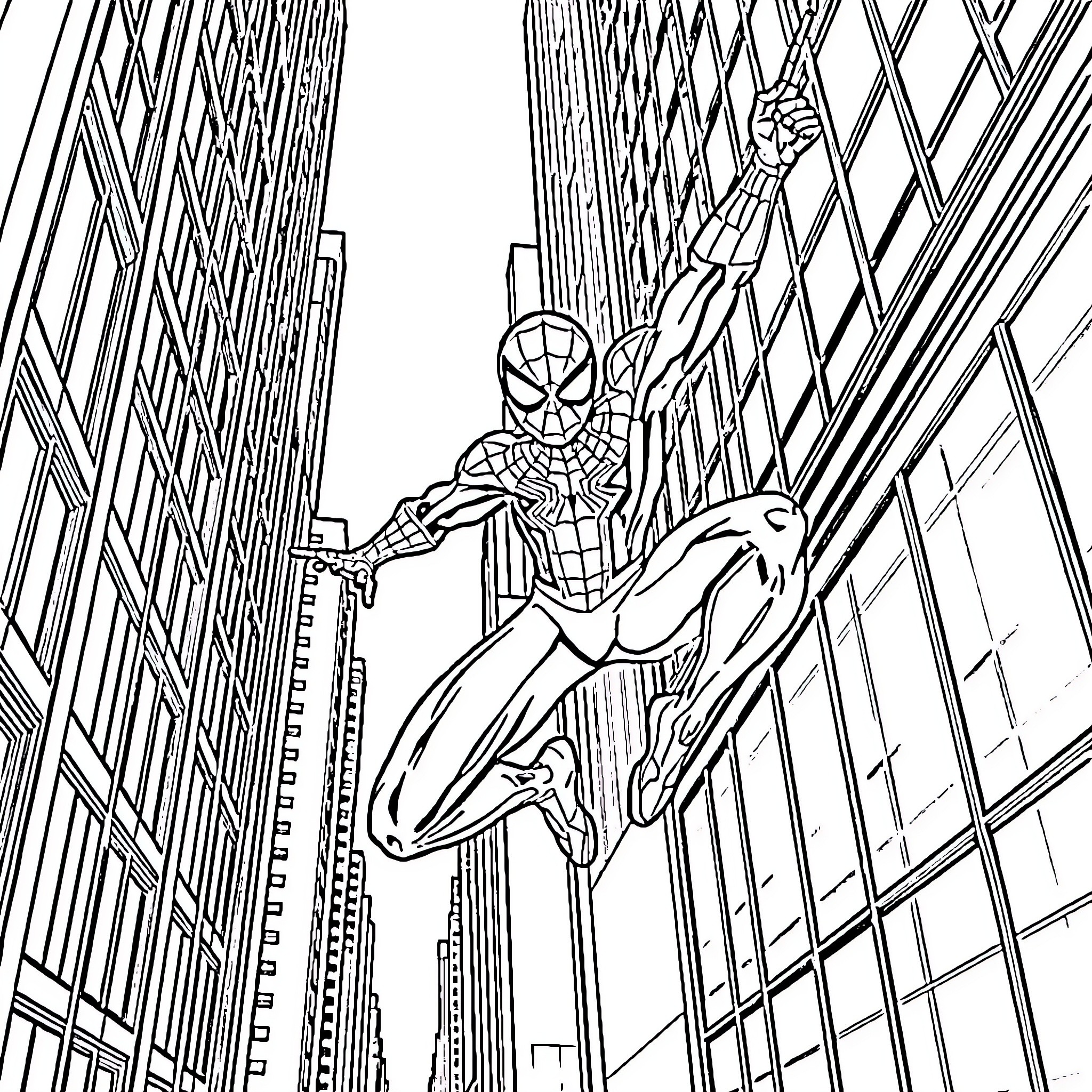 Spiderman swinging through the city skyline Coloring Page (free black-and-white line drawing printable PDF for all, from beginners to advanced learners, including children, teens, adults, and seniors)