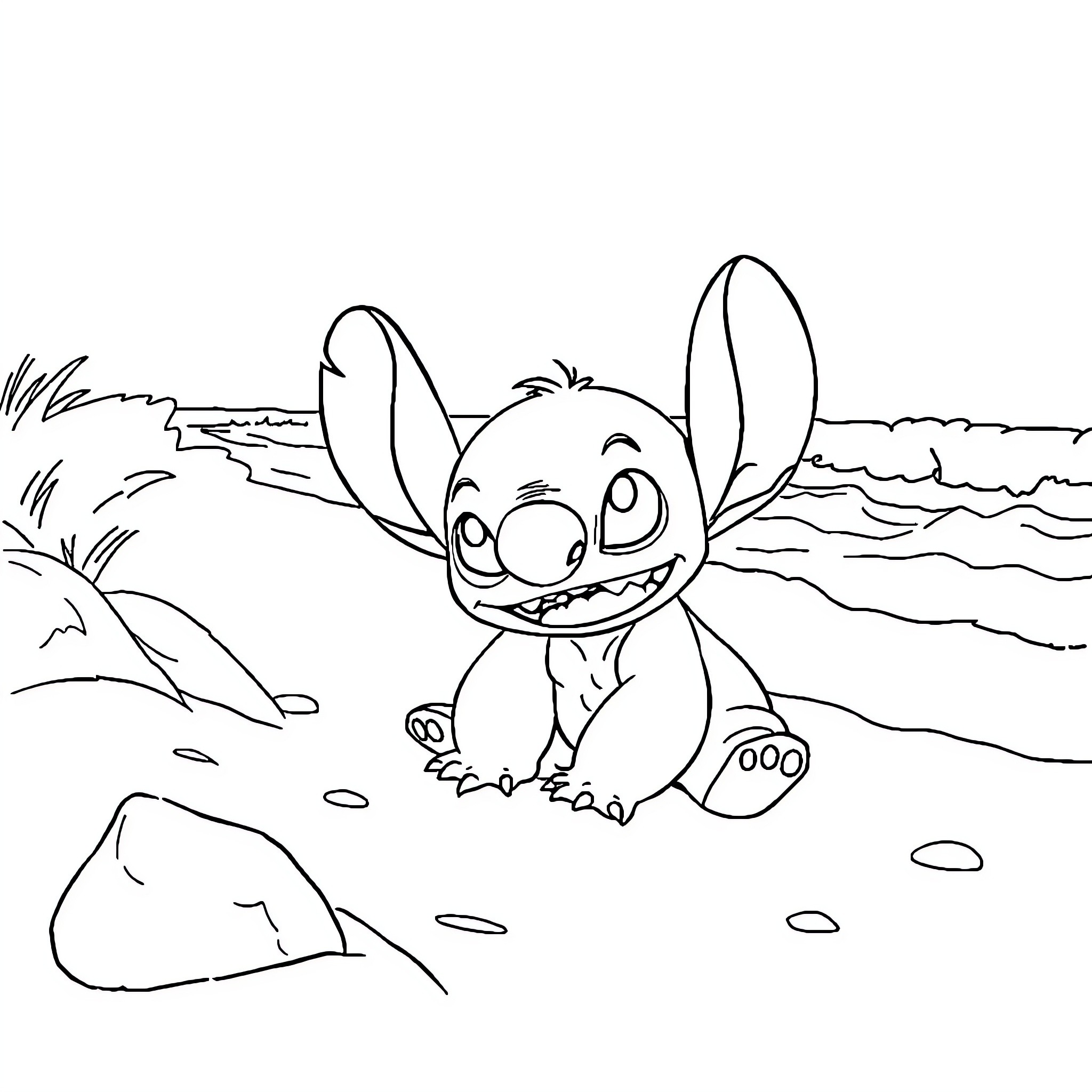 Stitch playing happily on the beach Coloring Page (free black-and-white line drawing printable PDF for all, from beginners to advanced learners, including children, teens, adults, and seniors)