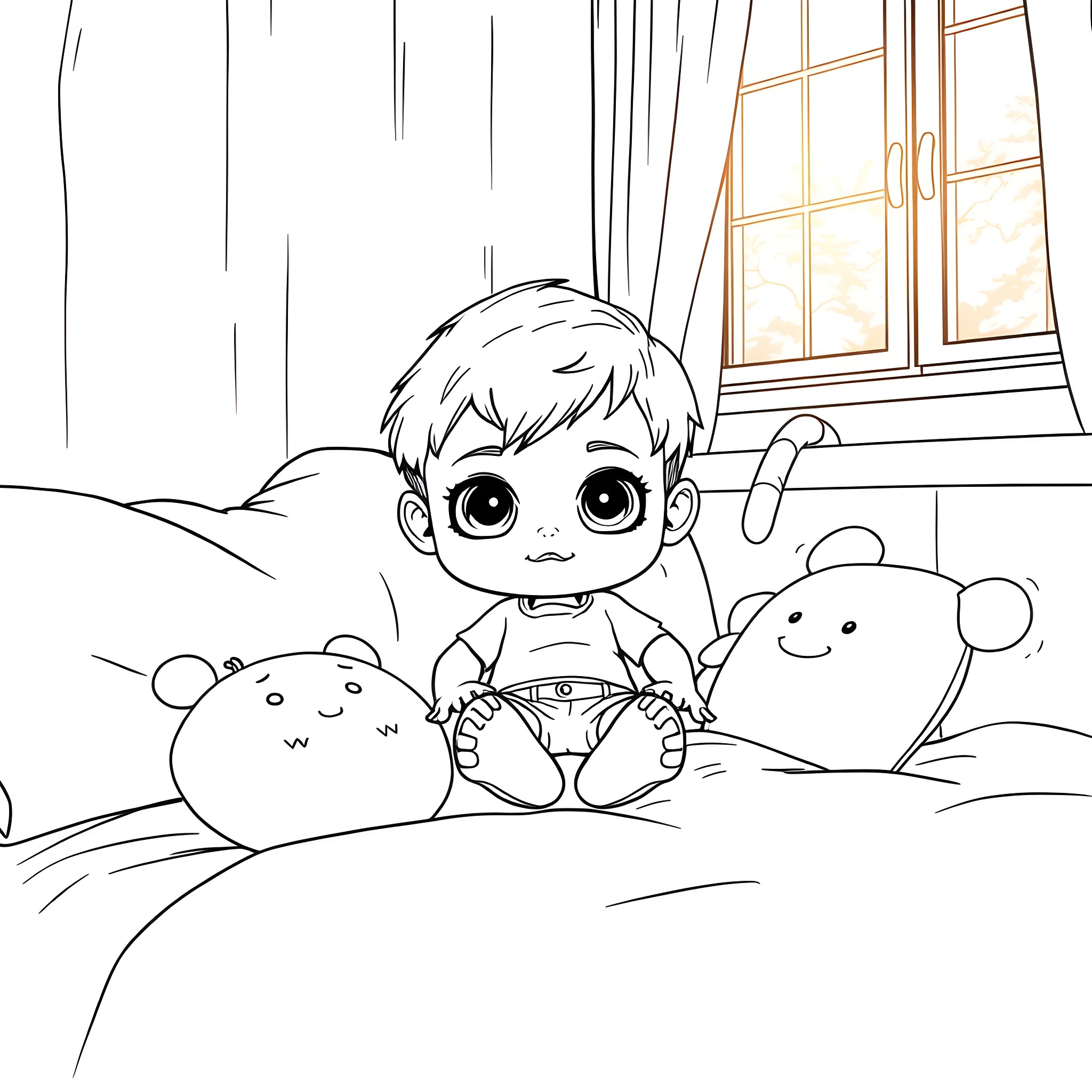 Boy Doll Playing with Stuffed Toys on the Bed Coloring Page (free black-and-white line drawing printable PDF for all, from beginners to advanced learners, including children, teens, adults, and seniors)