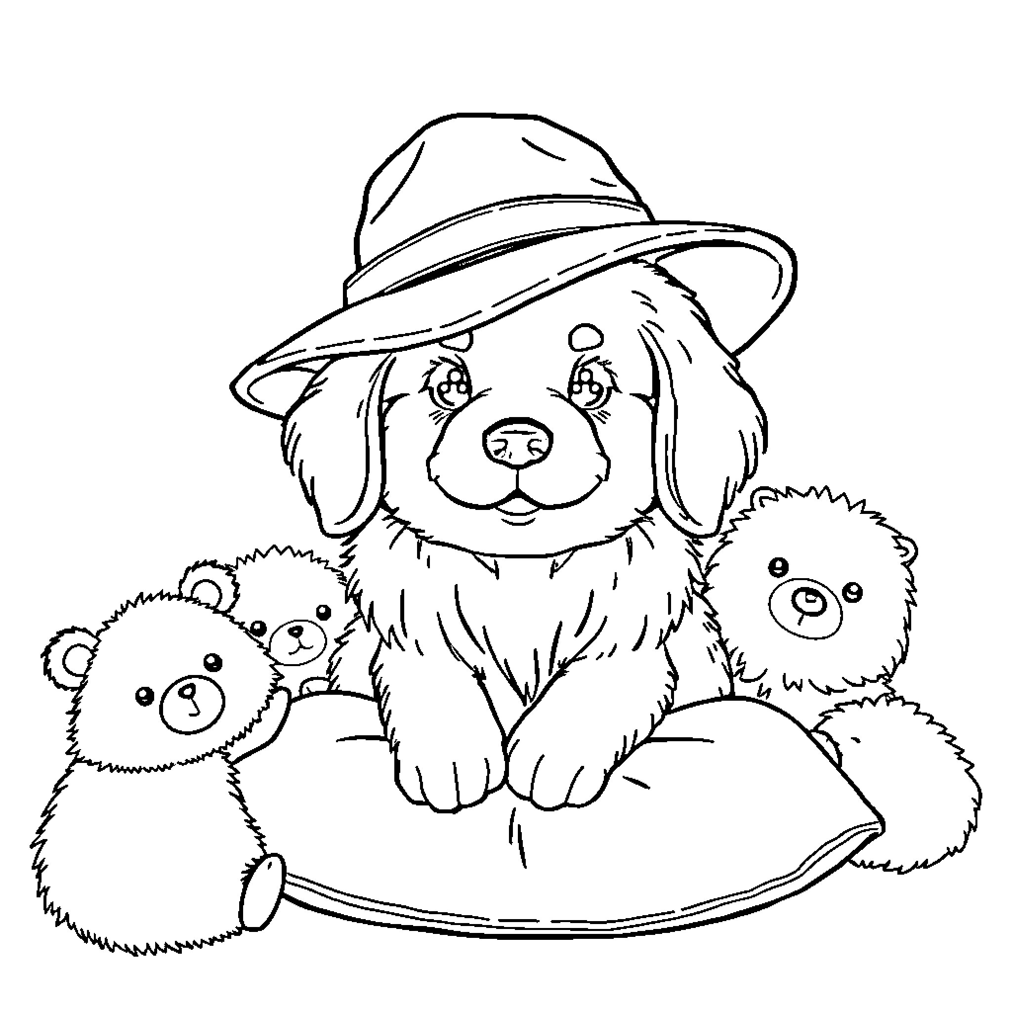 Pompompurin and friends on a camping adventure Coloring Page (free black-and-white line drawing printable PDF for all, from beginners to advanced learners, including children, teens, adults, and seniors)