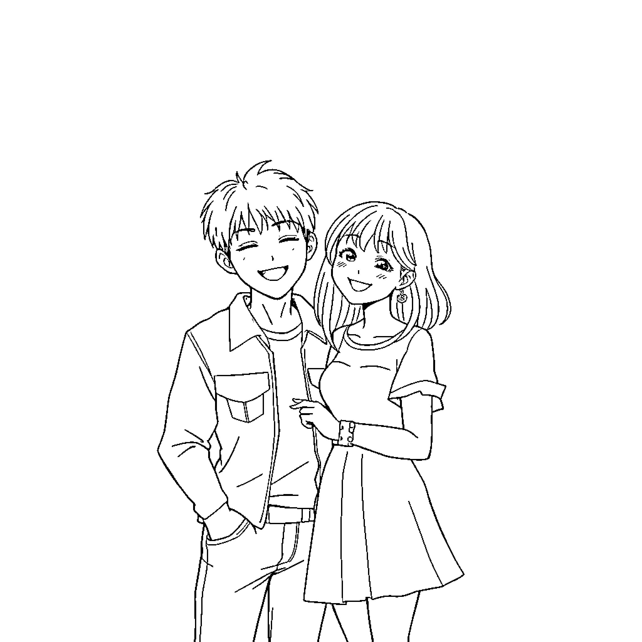 Kyuhyun and friend smiling happily Coloring Page (free black-and-white line drawing printable PDF for all, from beginners to advanced learners, including children, teens, adults, and seniors)