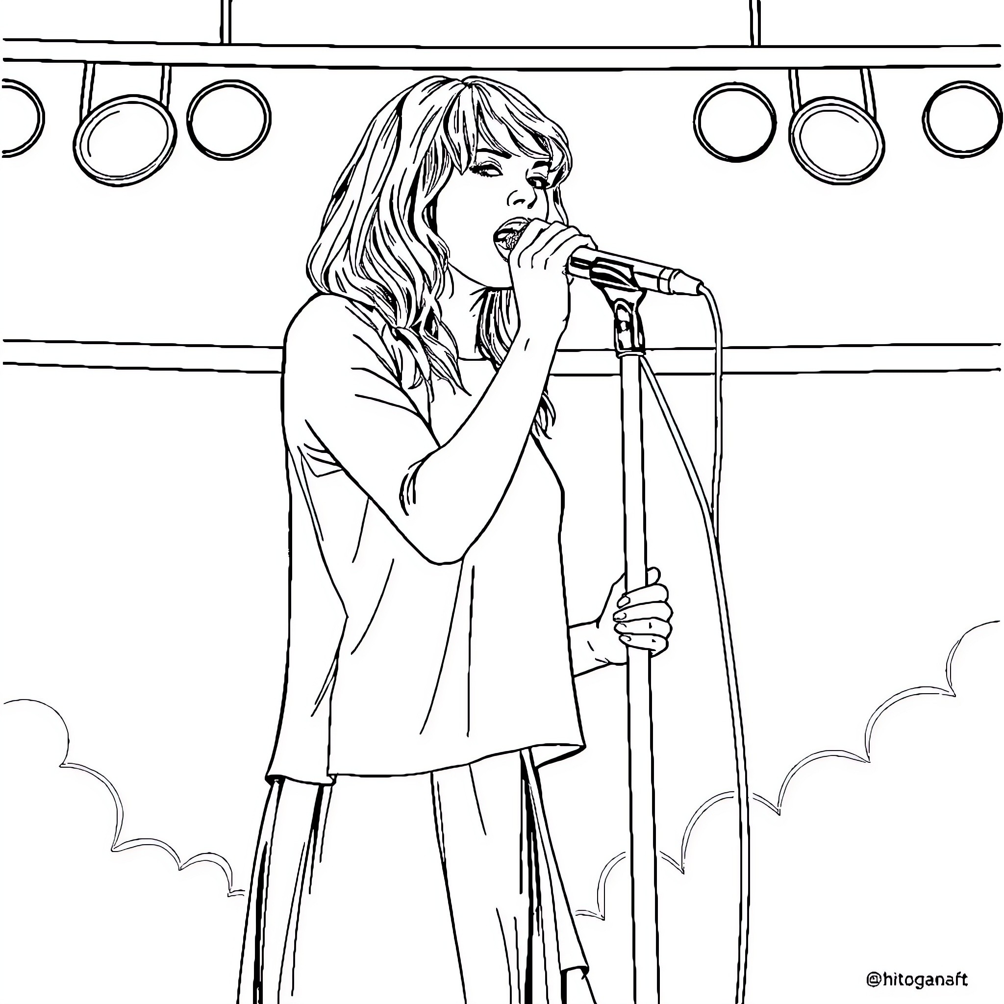 Taylor Swift performing on stage Coloring Page (free black-and-white line drawing printable PDF for all, from beginners to advanced learners, including children, teens, adults, and seniors)