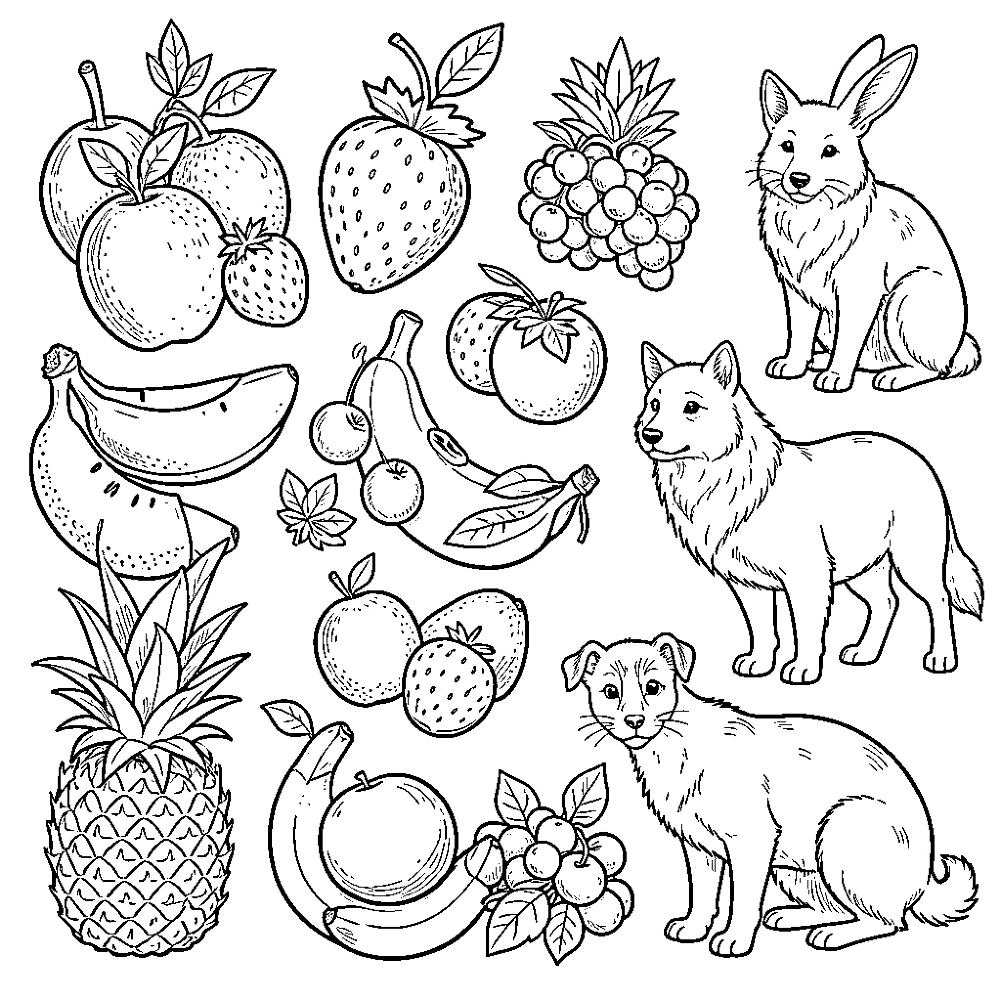 Fruit and animals gathered in a playful scene Coloring Page (free black-and-white line drawing printable PDF for all, from beginners to advanced learners, including children, teens, adults, and seniors)