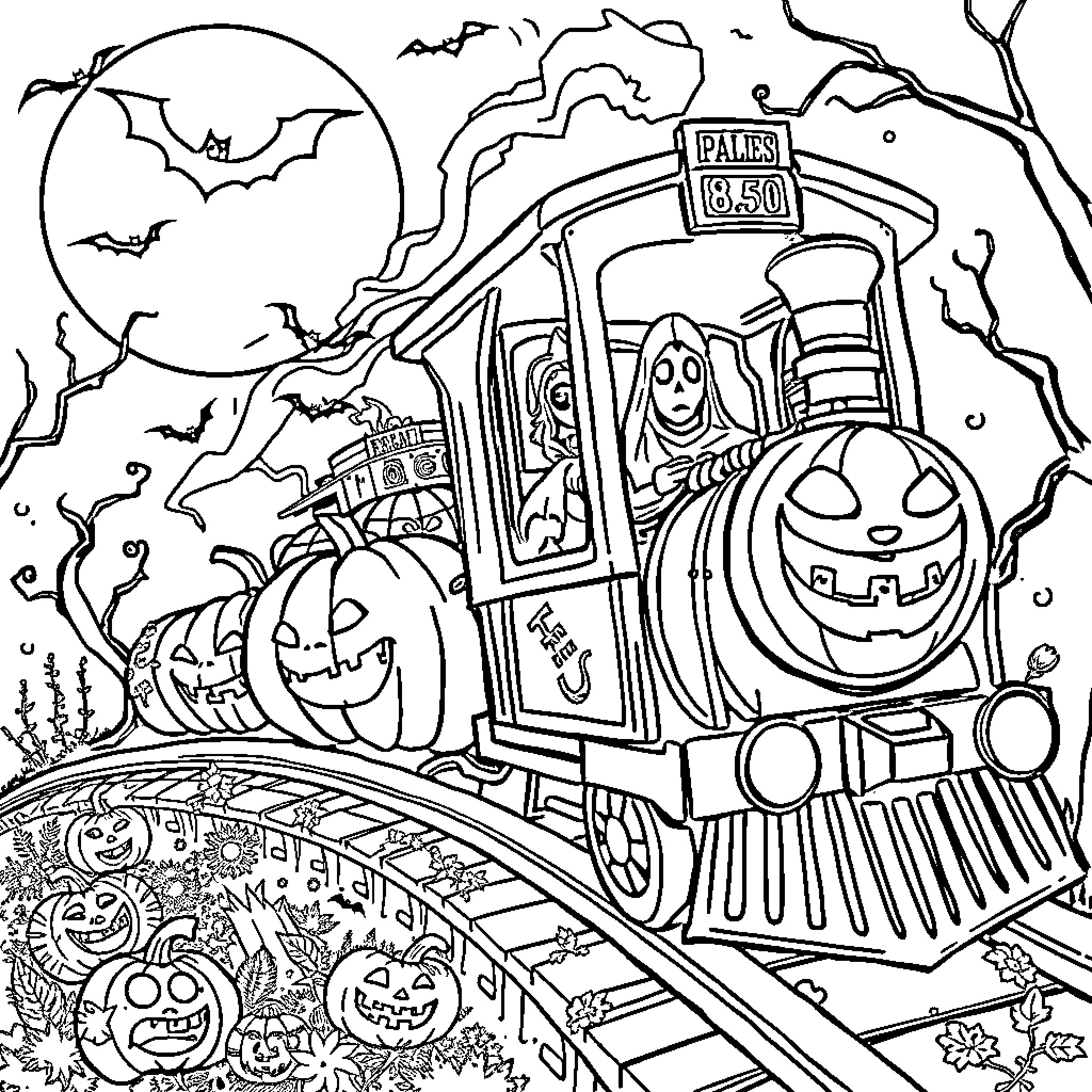 Halloween train ride through spooky scenery Coloring Page (free black-and-white line drawing printable PDF for all, from beginners to advanced learners, including children, teens, adults, and seniors)