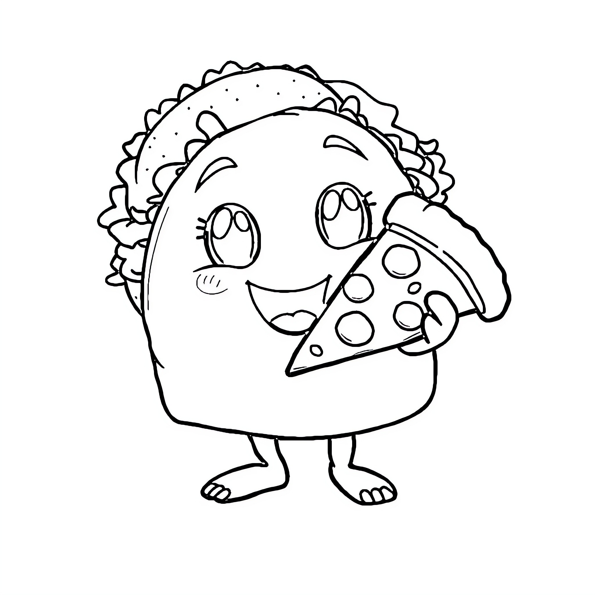 Taco character happily holding pizza slice Coloring Page (free black-and-white line drawing printable PDF for all, from beginners to advanced learners, including children, teens, adults, and seniors)