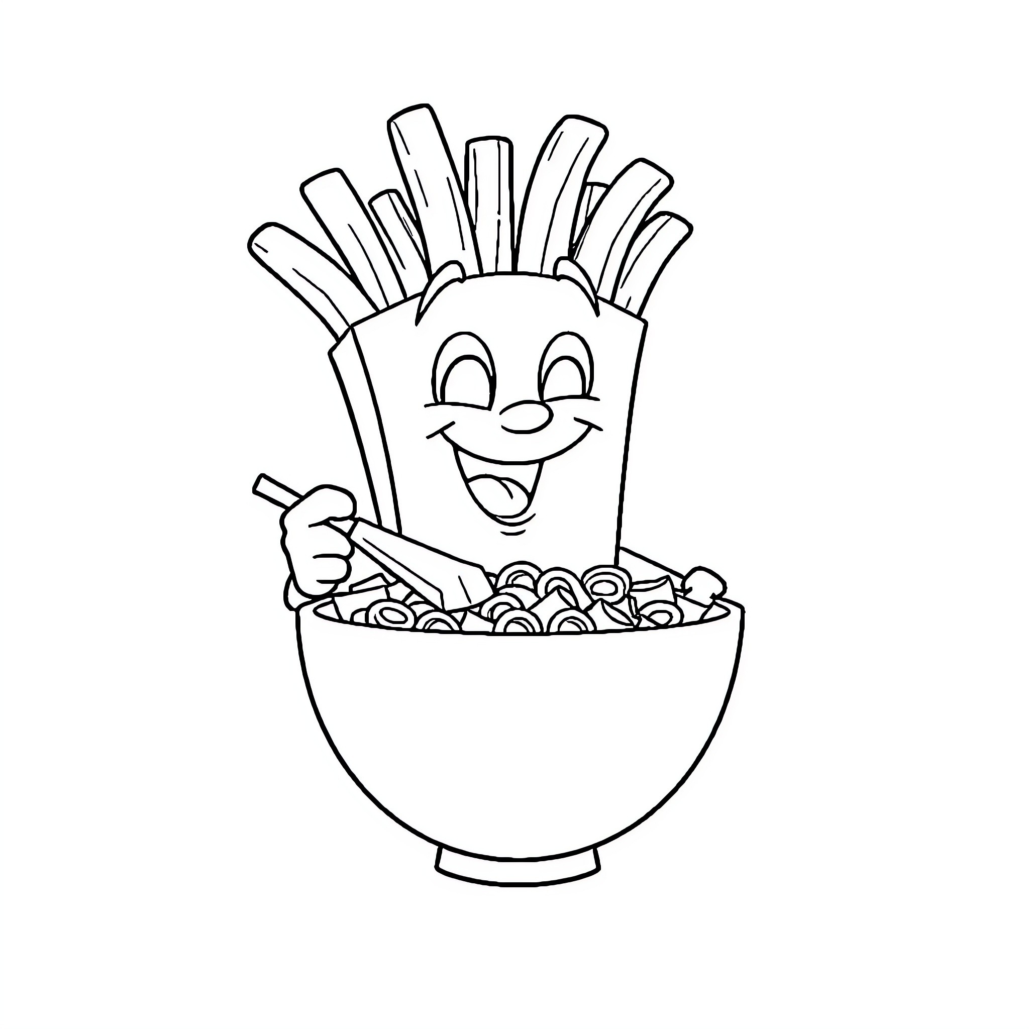 Fries having a jolly time in a bowl Coloring Page (free black-and-white line drawing printable PDF for all, from beginners to advanced learners, including children, teens, adults, and seniors)