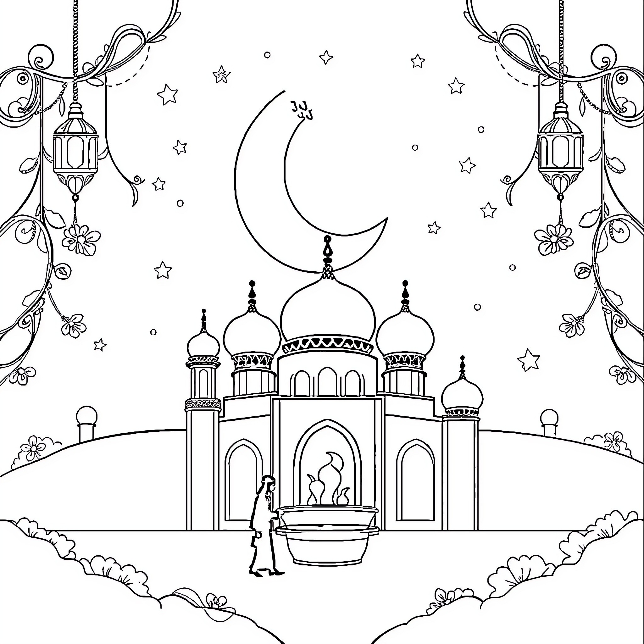 Ramadan celebration with mosque and crescent moon Coloring Page (free black-and-white line drawing printable PDF for all, from beginners to advanced learners, including children, teens, adults, and seniors)