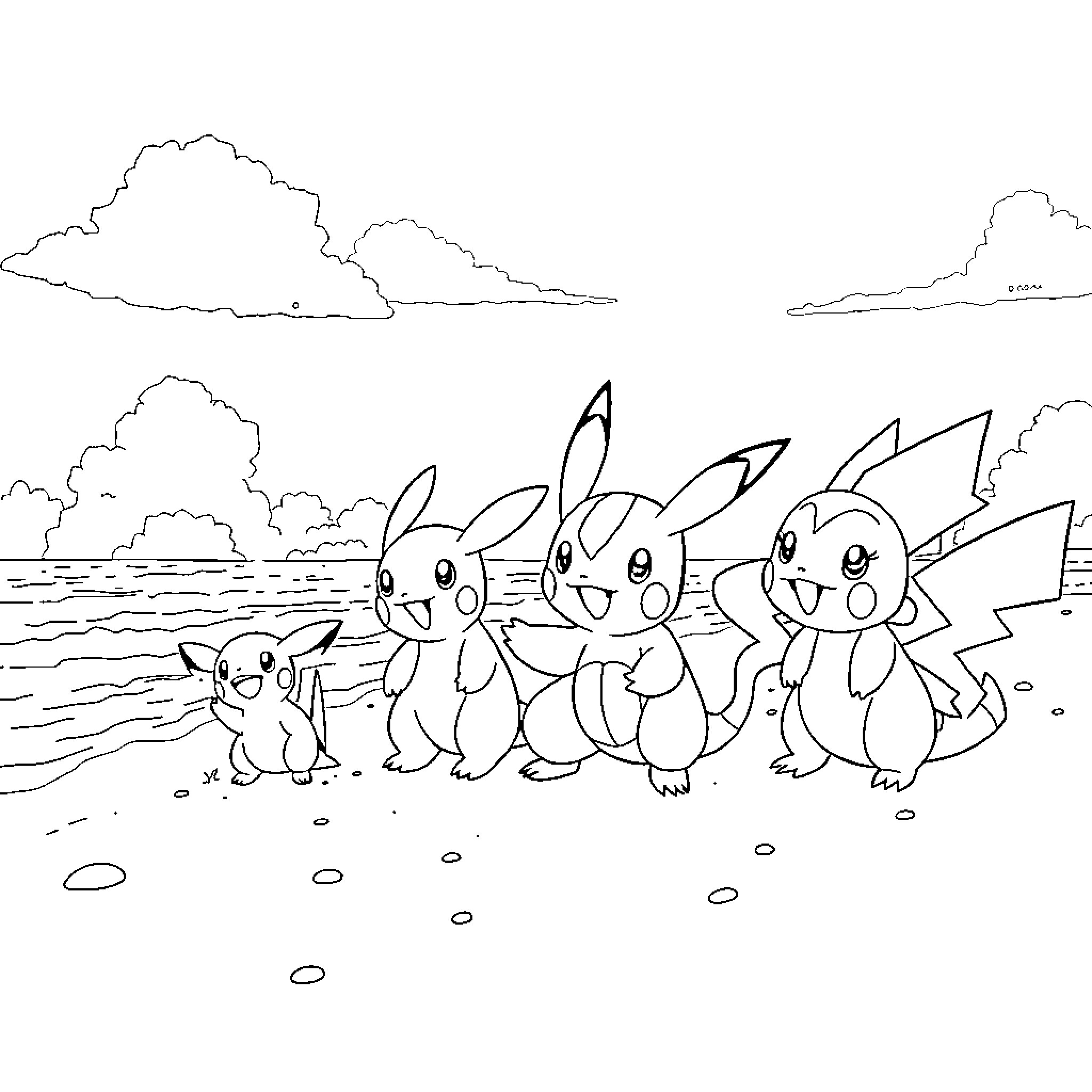 Pokémon Creatures Enjoying the Seaside Coloring Page (free black-and-white line drawing printable PDF for all, from beginners to advanced learners, including children, teens, adults, and seniors)
