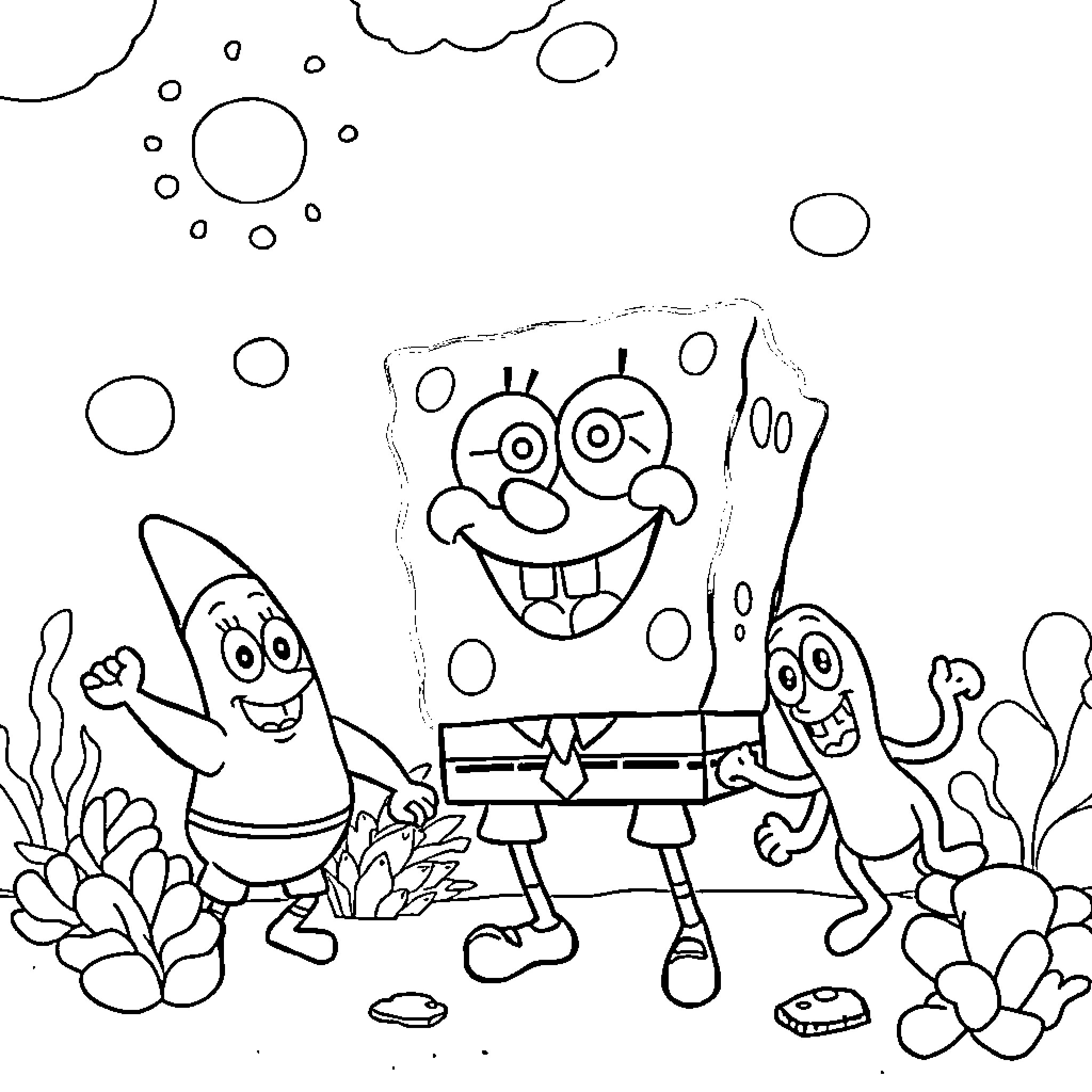 Spongebob and friends in an underwater scene Coloring Page (free black-and-white line drawing printable PDF for all, from beginners to advanced learners, including children, teens, adults, and seniors)