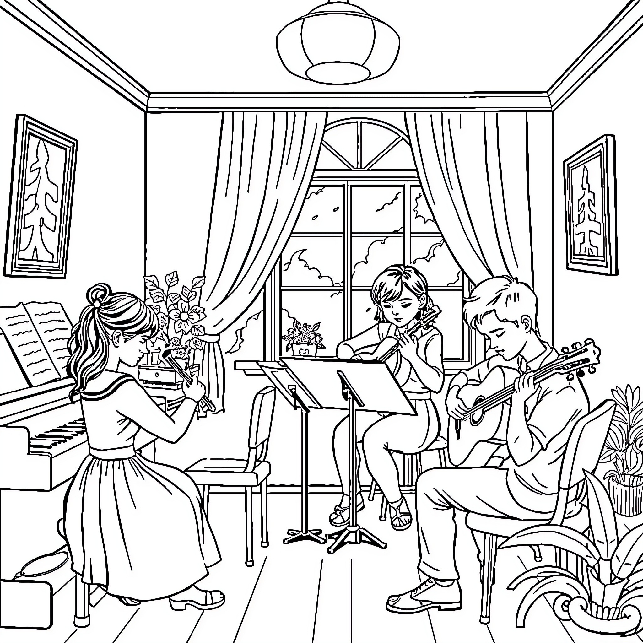 Instrument Performers Practicing Music Together Coloring Page (free black-and-white line drawing printable PDF for all, from beginners to advanced learners, including children, teens, adults, and seniors)