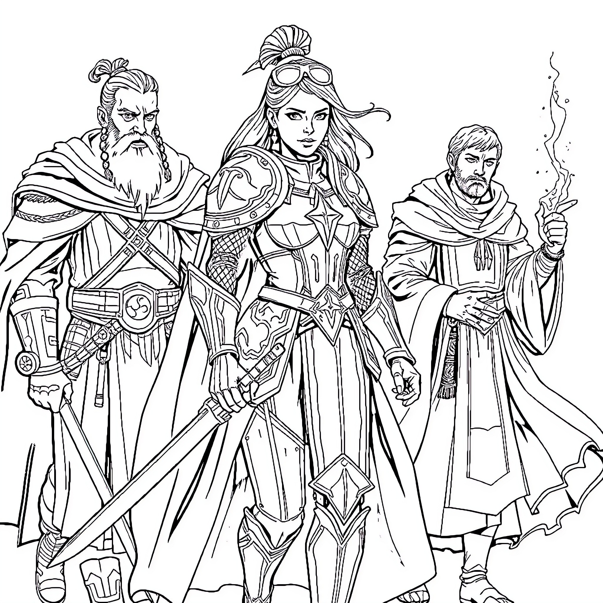 Chevalier Warrior Trio in Fantastical Attire Coloring Page (free black-and-white line drawing printable PDF for all, from beginners to advanced learners, including children, teens, adults, and seniors)
