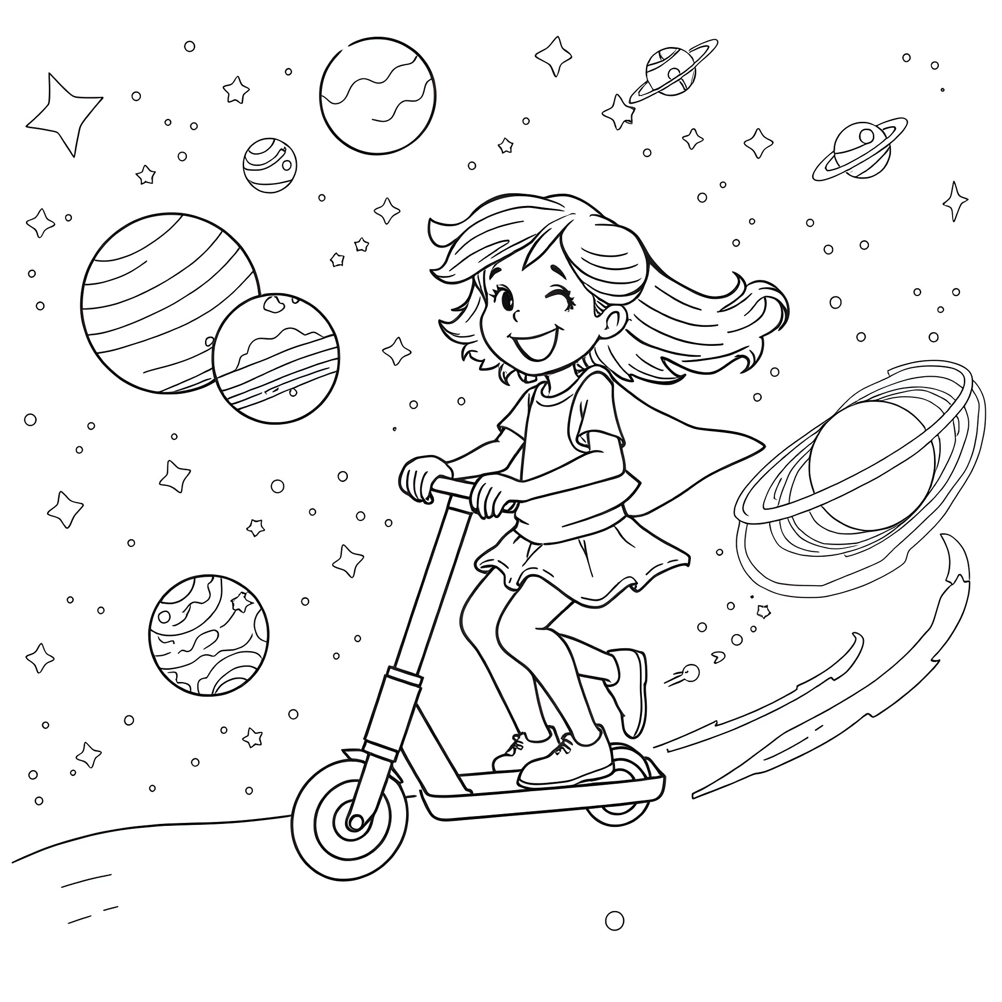Girl riding scooter in space Coloring Page (free black-and-white line drawing printable PDF for all, from beginners to advanced learners, including children, teens, adults, and seniors)