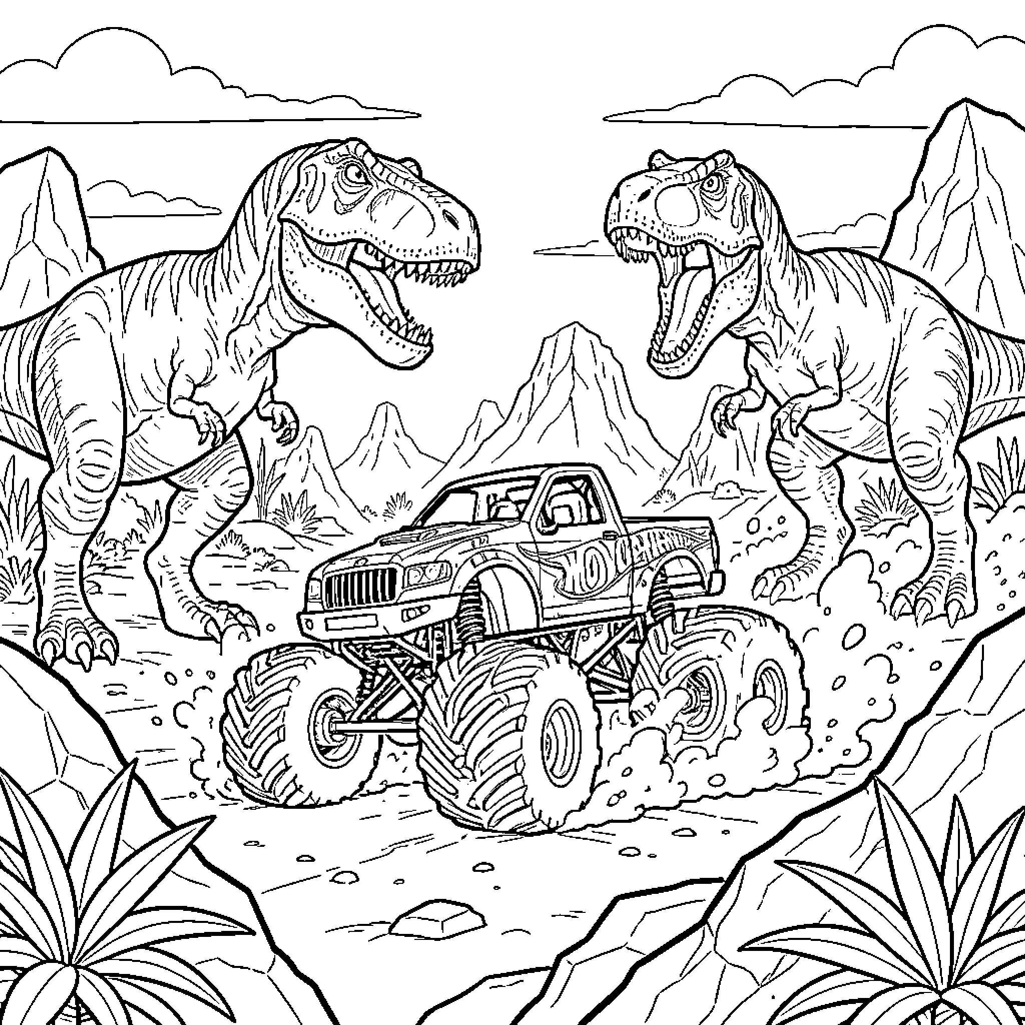 Monster Truck driving through a dinosaur landscape Coloring Page (free black-and-white line drawing printable PDF for all, from beginners to advanced learners, including children, teens, adults, and seniors)