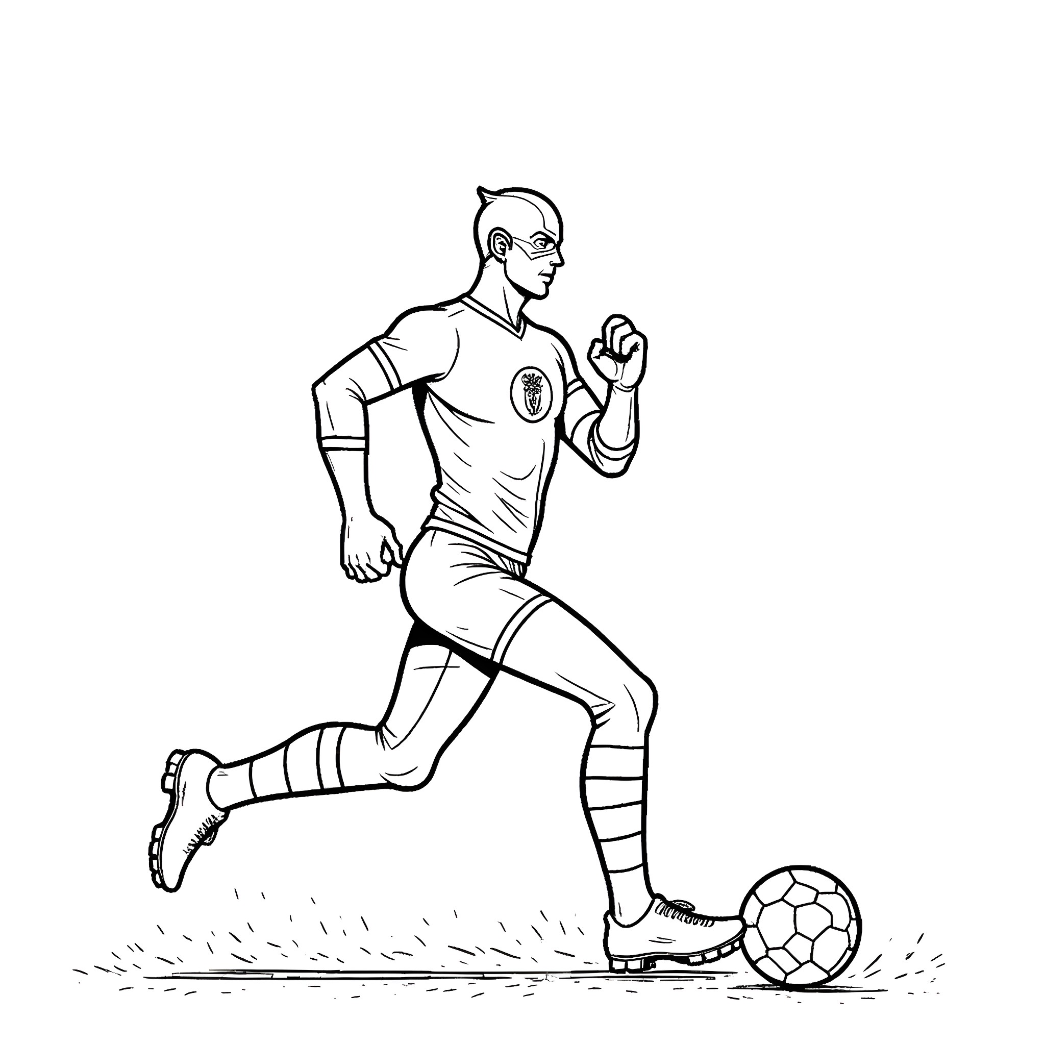 Flash kicking soccer ball in action Coloring Page (free black-and-white line drawing printable PDF for all, from beginners to advanced learners, including children, teens, adults, and seniors)