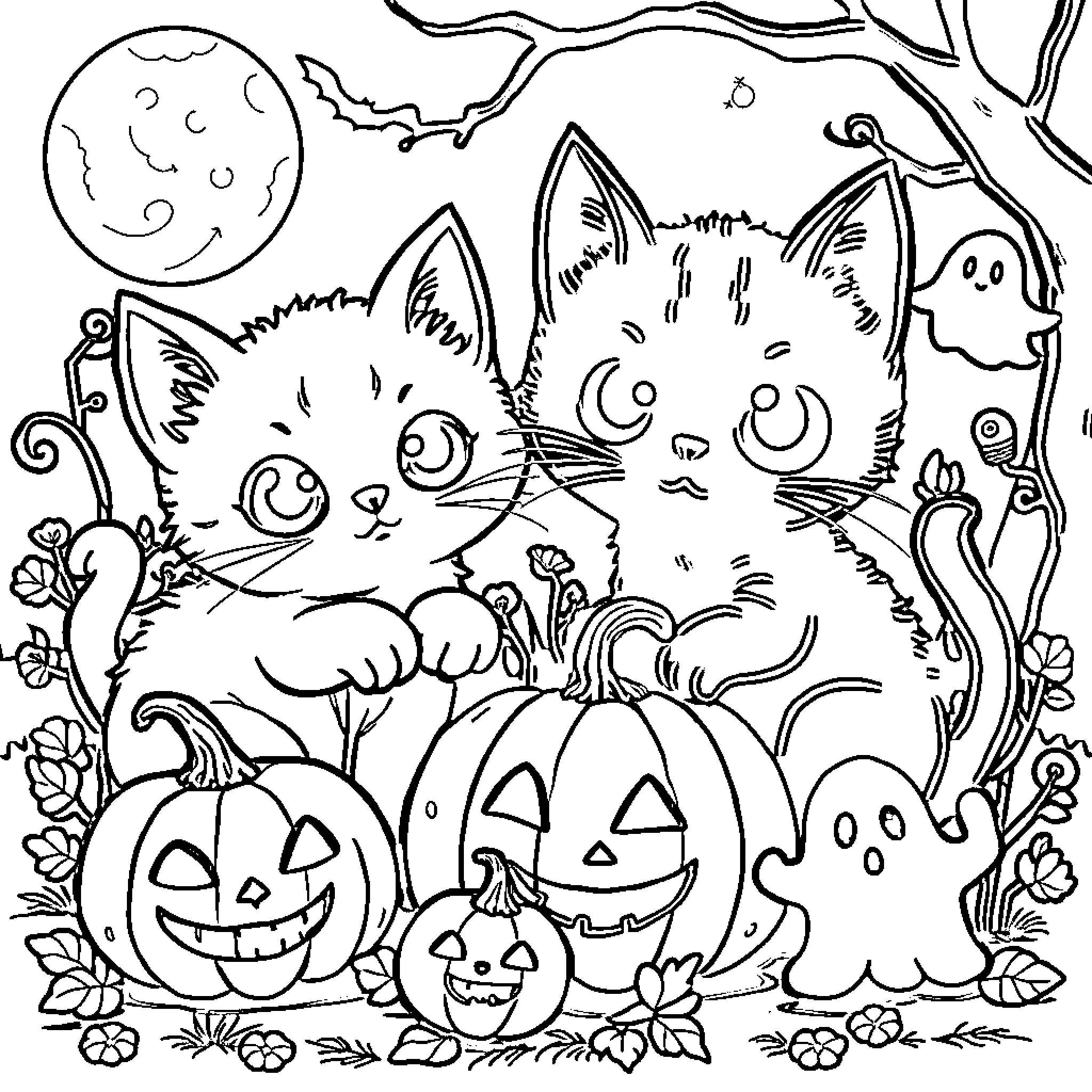 Cat kittens playing with Halloween pumpkins Coloring Page (free black-and-white line drawing printable PDF for all, from beginners to advanced learners, including children, teens, adults, and seniors)
