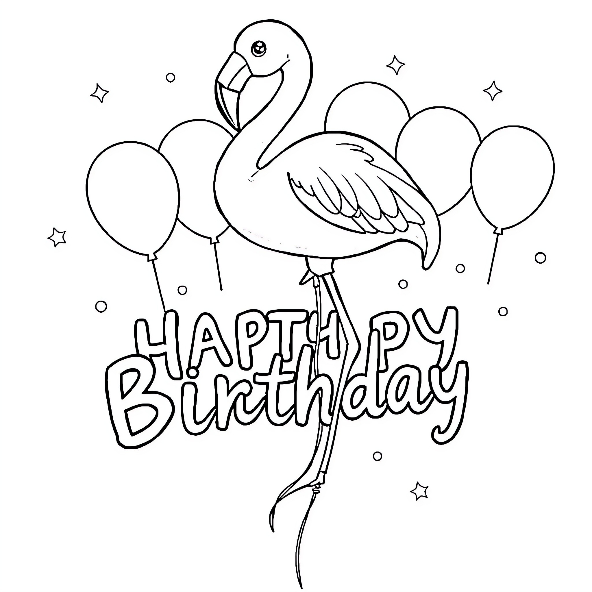 Flamingo celebrating happy birthday with balloons Coloring Page (free black-and-white line drawing printable PDF for all, from beginners to advanced learners, including children, teens, adults, and seniors)