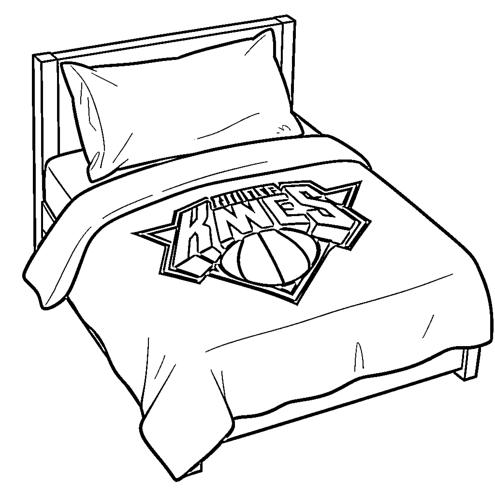 Knicks themed bed with a basketball logo Coloring Page (free black-and-white line drawing printable PDF for all, from beginners to advanced learners, including children, teens, adults, and seniors)