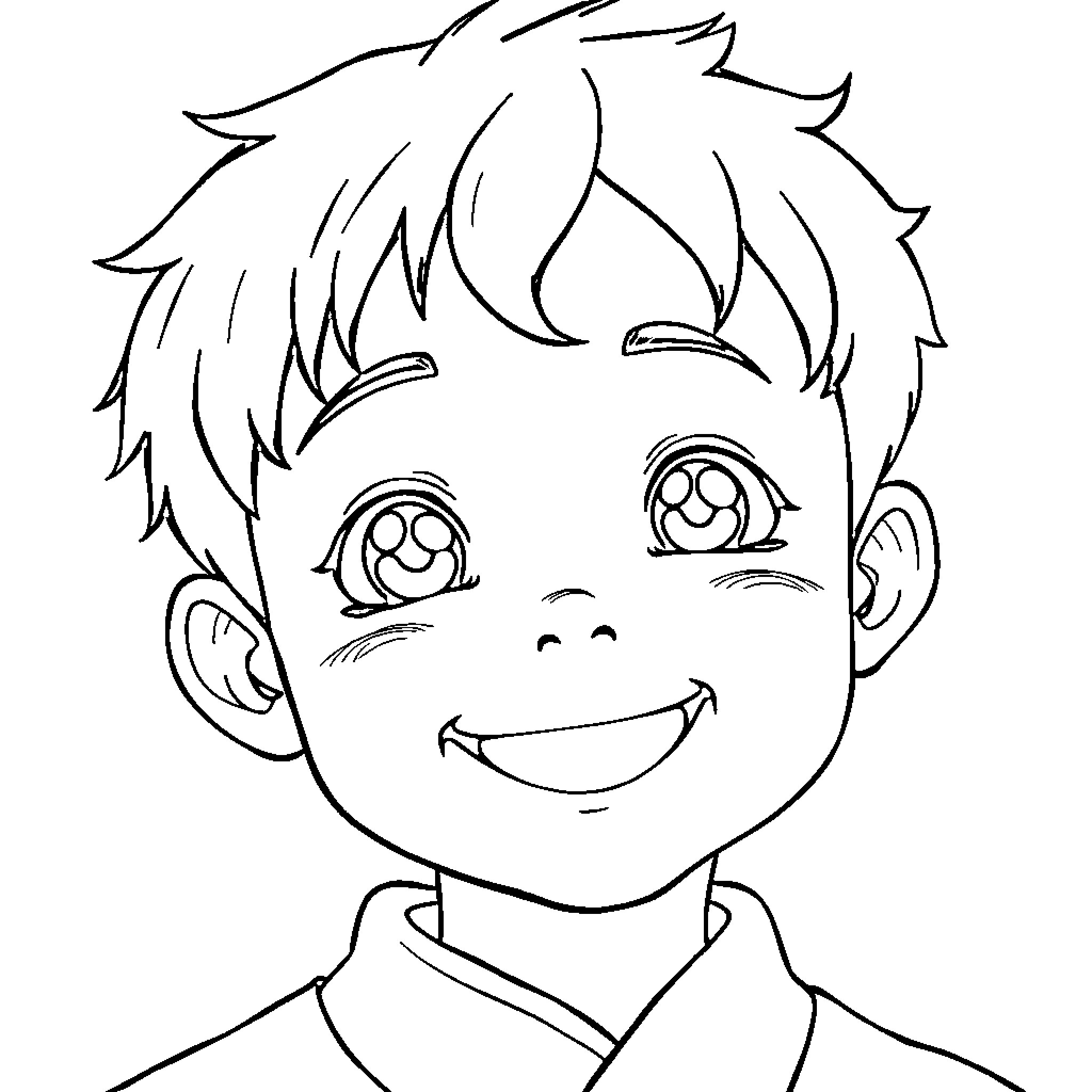 Japanese Boy with Cheerful Expression Coloring Page (free black-and-white line drawing printable PDF for all, from beginners to advanced learners, including children, teens, adults, and seniors)