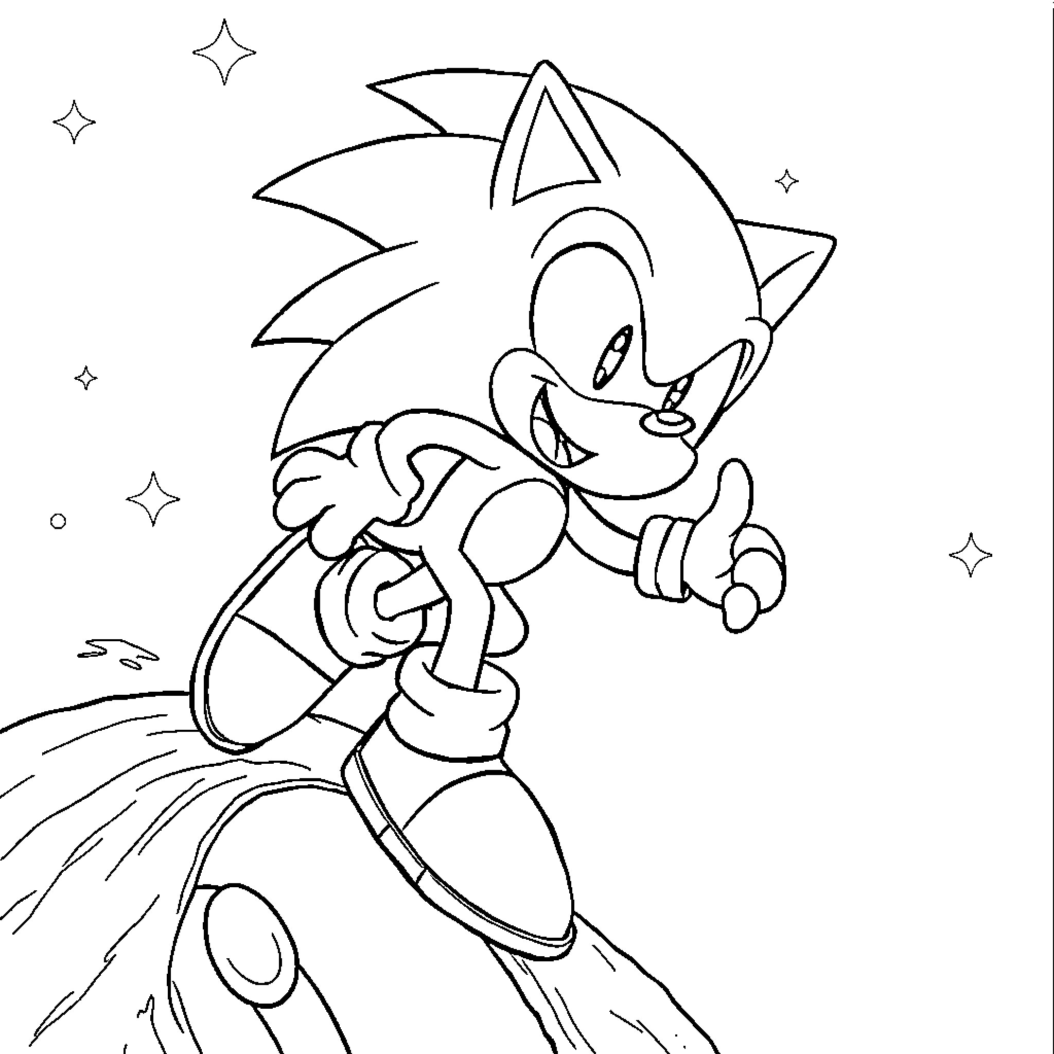 Sonic sprinting through a starry night sky Coloring Page (free black-and-white line drawing printable PDF for all, from beginners to advanced learners, including children, teens, adults, and seniors)