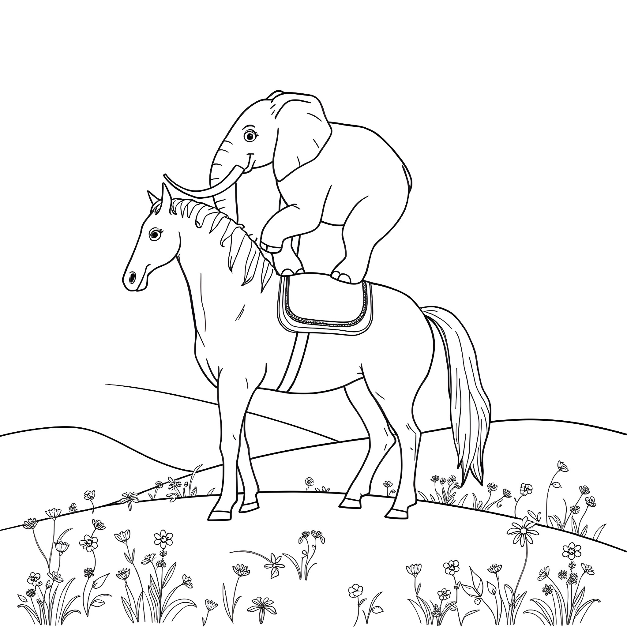 Elephant riding on a horse in a field of flowers Coloring Page (free black-and-white line drawing printable PDF for all, from beginners to advanced learners, including children, teens, adults, and seniors)