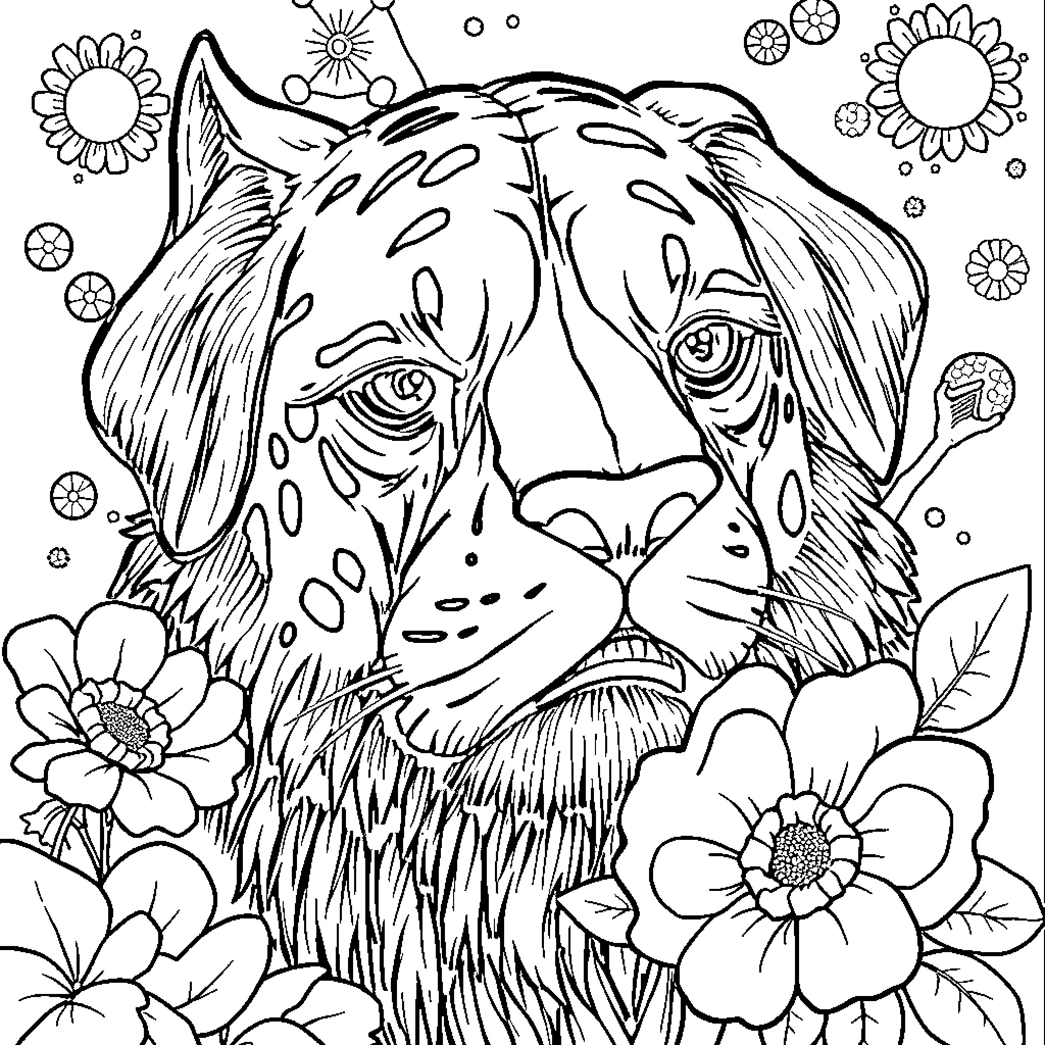 Fire Truck Spraying Water on Flowers in the Park Coloring Page (free black-and-white line drawing printable PDF for all, from beginners to advanced learners, including children, teens, adults, and seniors)