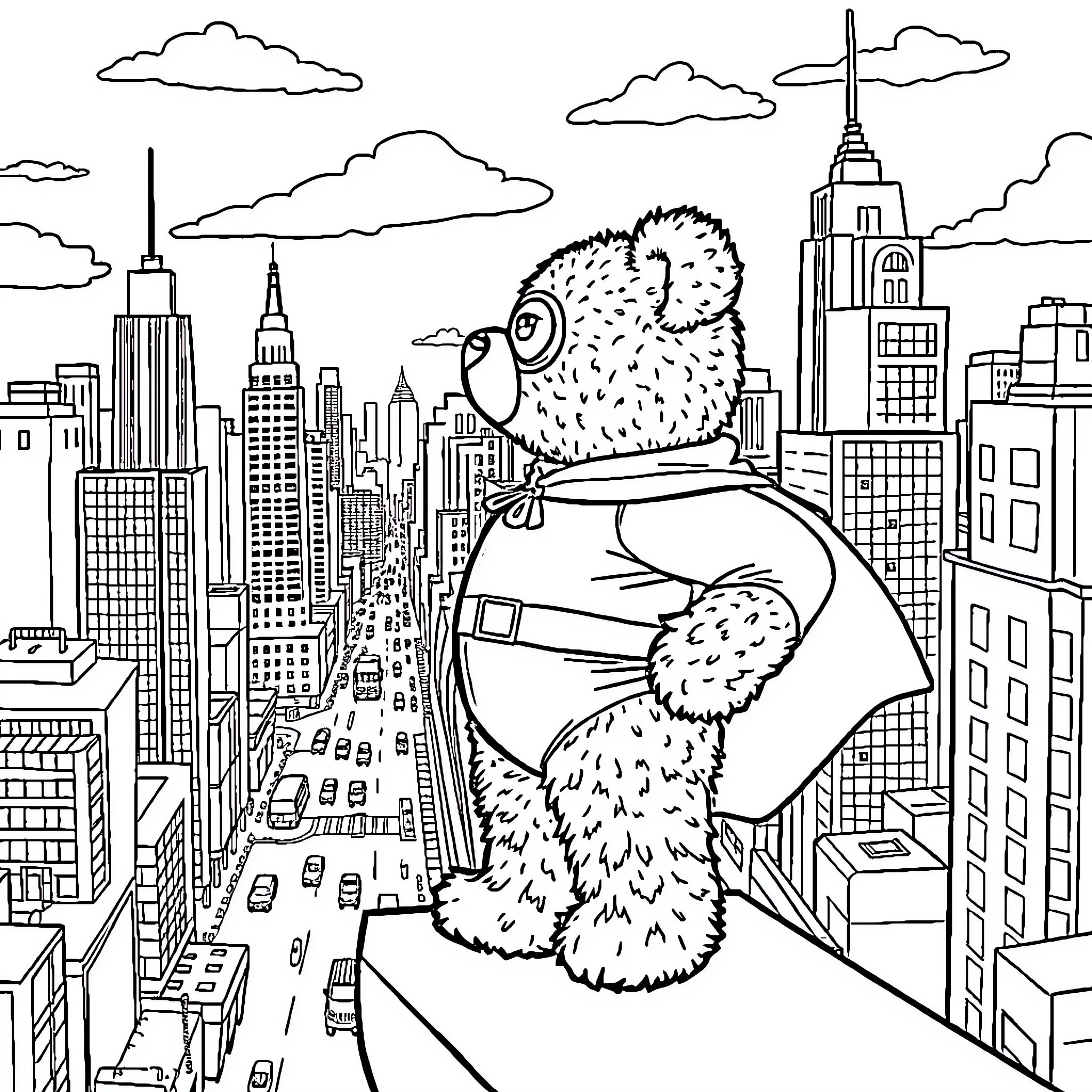 Teddy Bear exploring the big city Coloring Page (free black-and-white line drawing printable PDF for all, from beginners to advanced learners, including children, teens, adults, and seniors)
