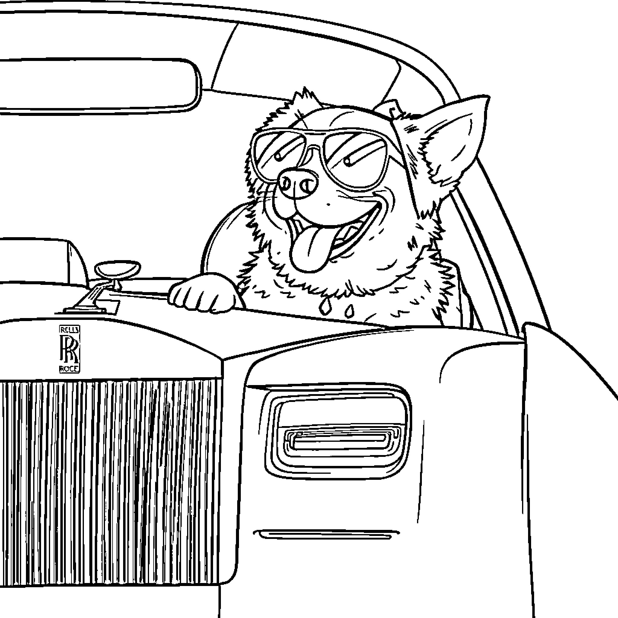 Dog happily driving a car with sunglasses Coloring Page (free black-and-white line drawing printable PDF for all, from beginners to advanced learners, including children, teens, adults, and seniors)