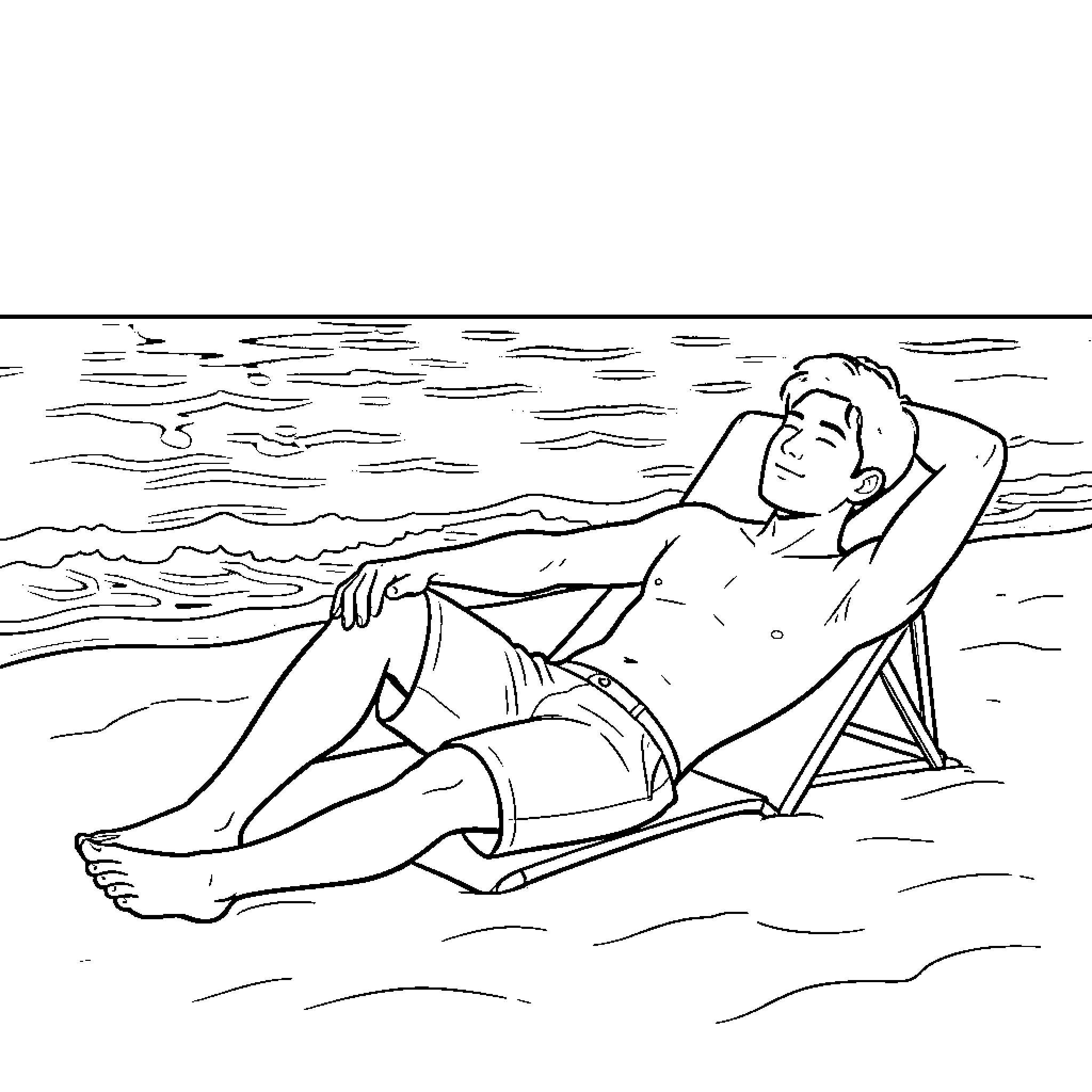 Hombre relajándose en la playa Coloring Page (free black-and-white line drawing printable PDF for all, from beginners to advanced learners, including children, teens, adults, and seniors)