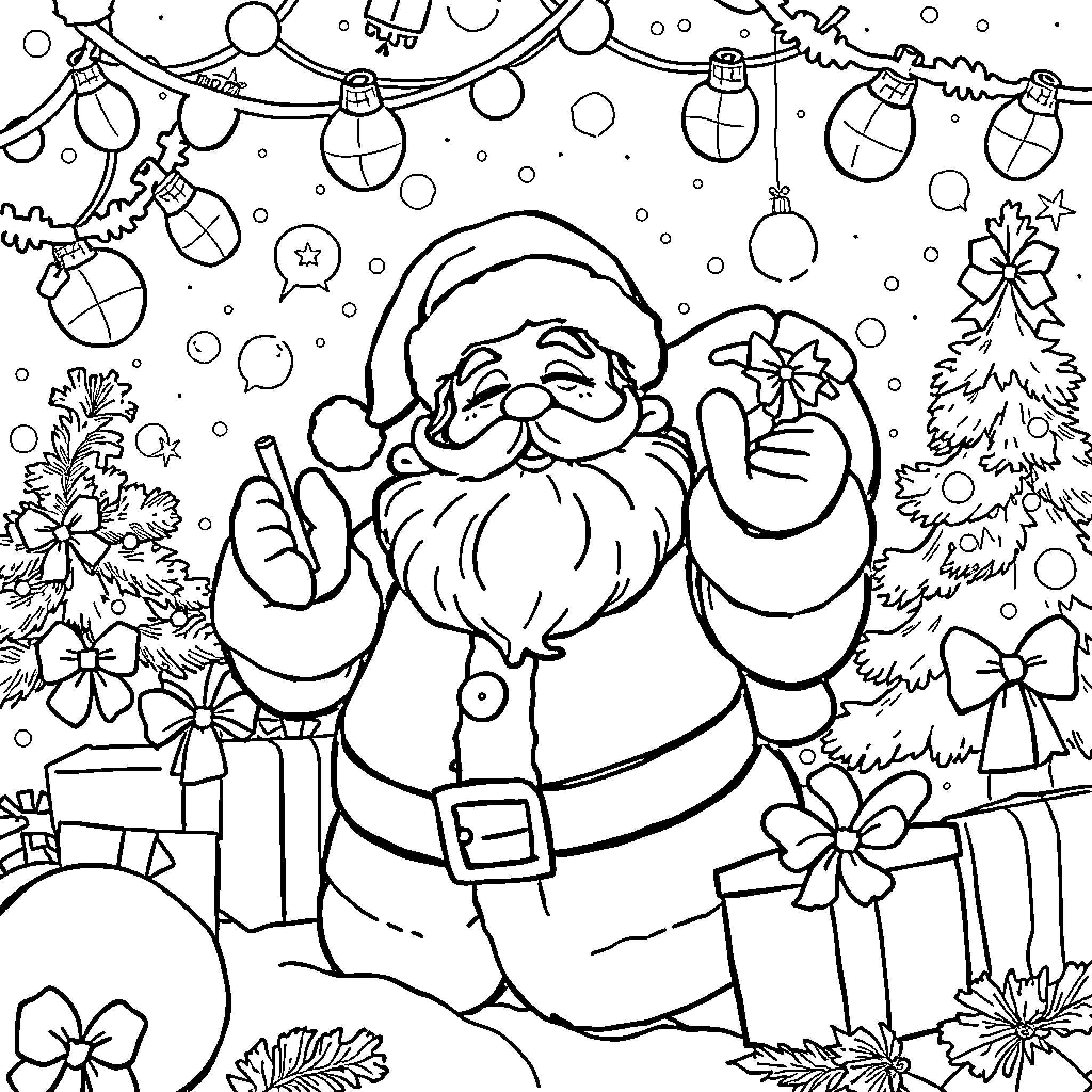 Santa making a jolly gesture in a festive scene Coloring Page (free black-and-white line drawing printable PDF for all, from beginners to advanced learners, including children, teens, adults, and seniors)