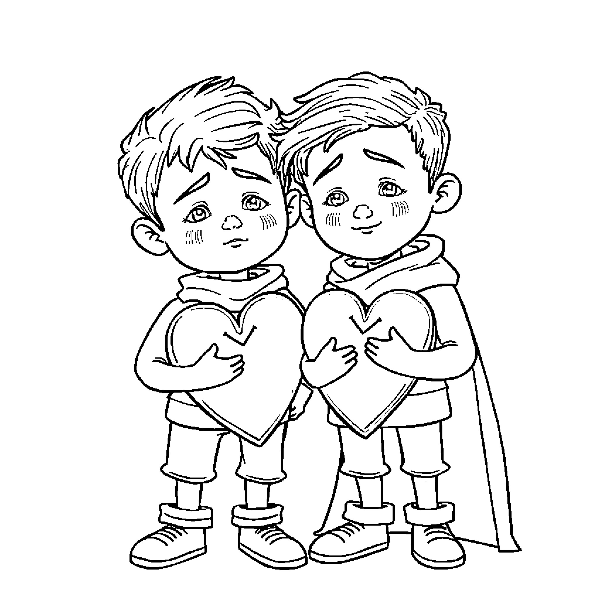 Elias and his friend sharing hearts Coloring Page (free black-and-white line drawing printable PDF for all, from beginners to advanced learners, including children, teens, adults, and seniors)