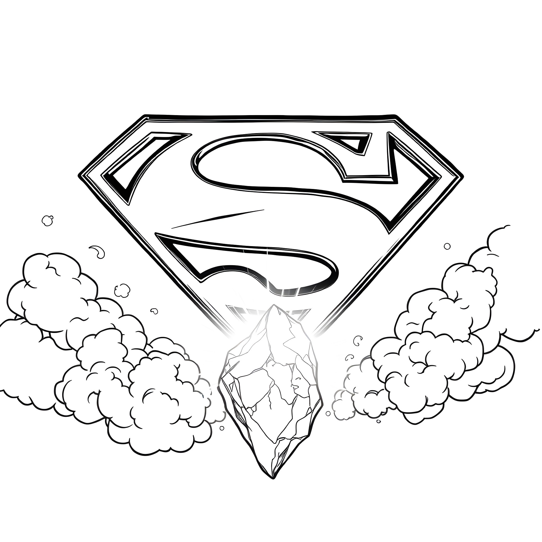 Kryptonite shield emblem amidst clouds Coloring Page (free black-and-white line drawing printable PDF for all, from beginners to advanced learners, including children, teens, adults, and seniors)