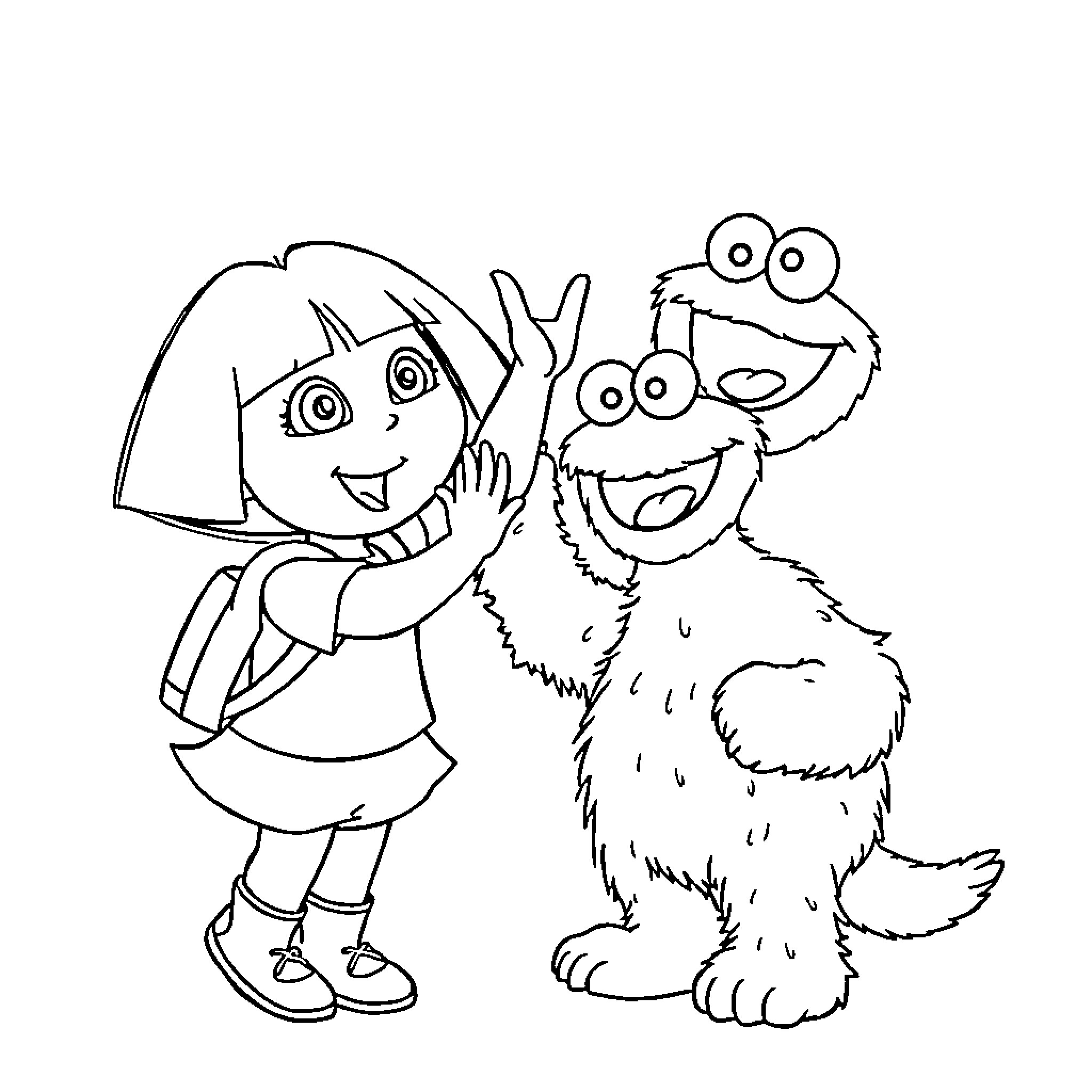 Dora and her furry friend explore together Coloring Page (free black-and-white line drawing printable PDF for all, from beginners to advanced learners, including children, teens, adults, and seniors)