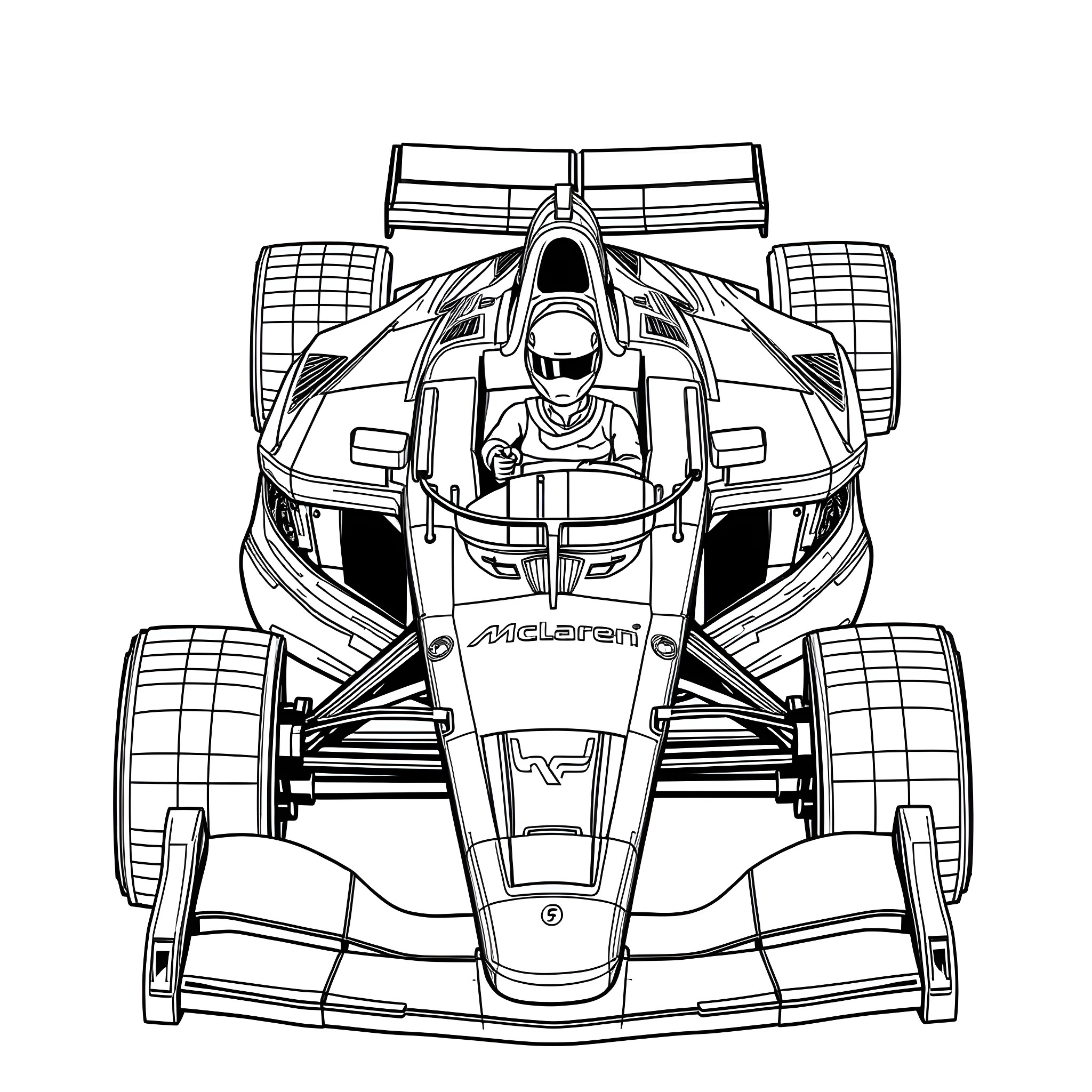 Lego Formula One Racing Car with Driver Coloring Page (free black-and-white line drawing printable PDF for all, from beginners to advanced learners, including children, teens, adults, and seniors)