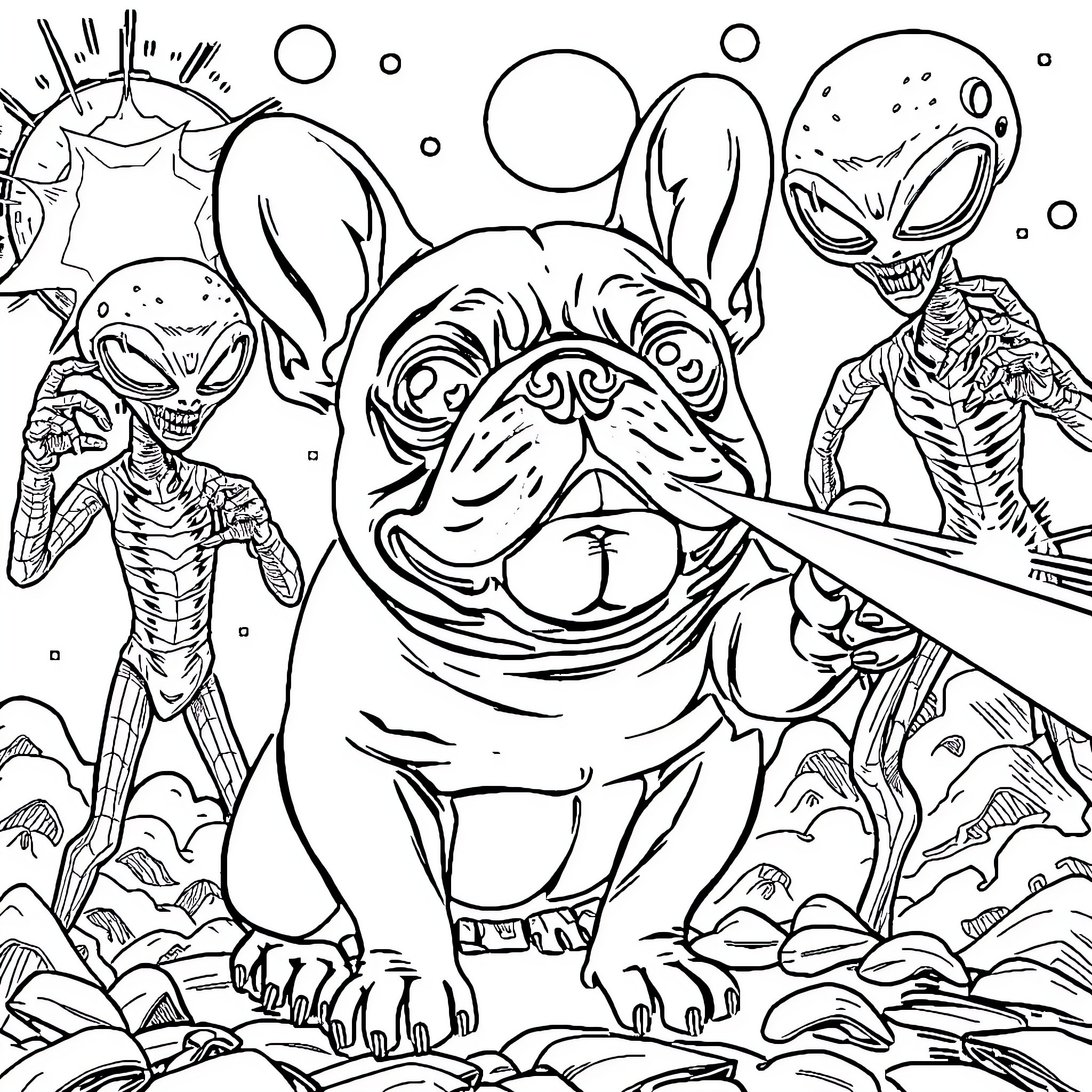 French Bulldog Encounters Alien Creatures Coloring Page (free black-and-white line drawing printable PDF for all, from beginners to advanced learners, including children, teens, adults, and seniors)