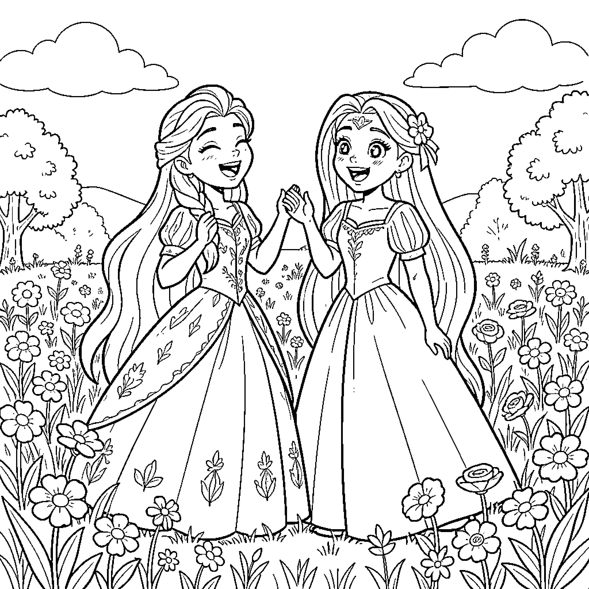 Elsa and Rapunzel in a Flowery Garden Coloring Page (free black-and-white line drawing printable PDF for all, from beginners to advanced learners, including children, teens, adults, and seniors)