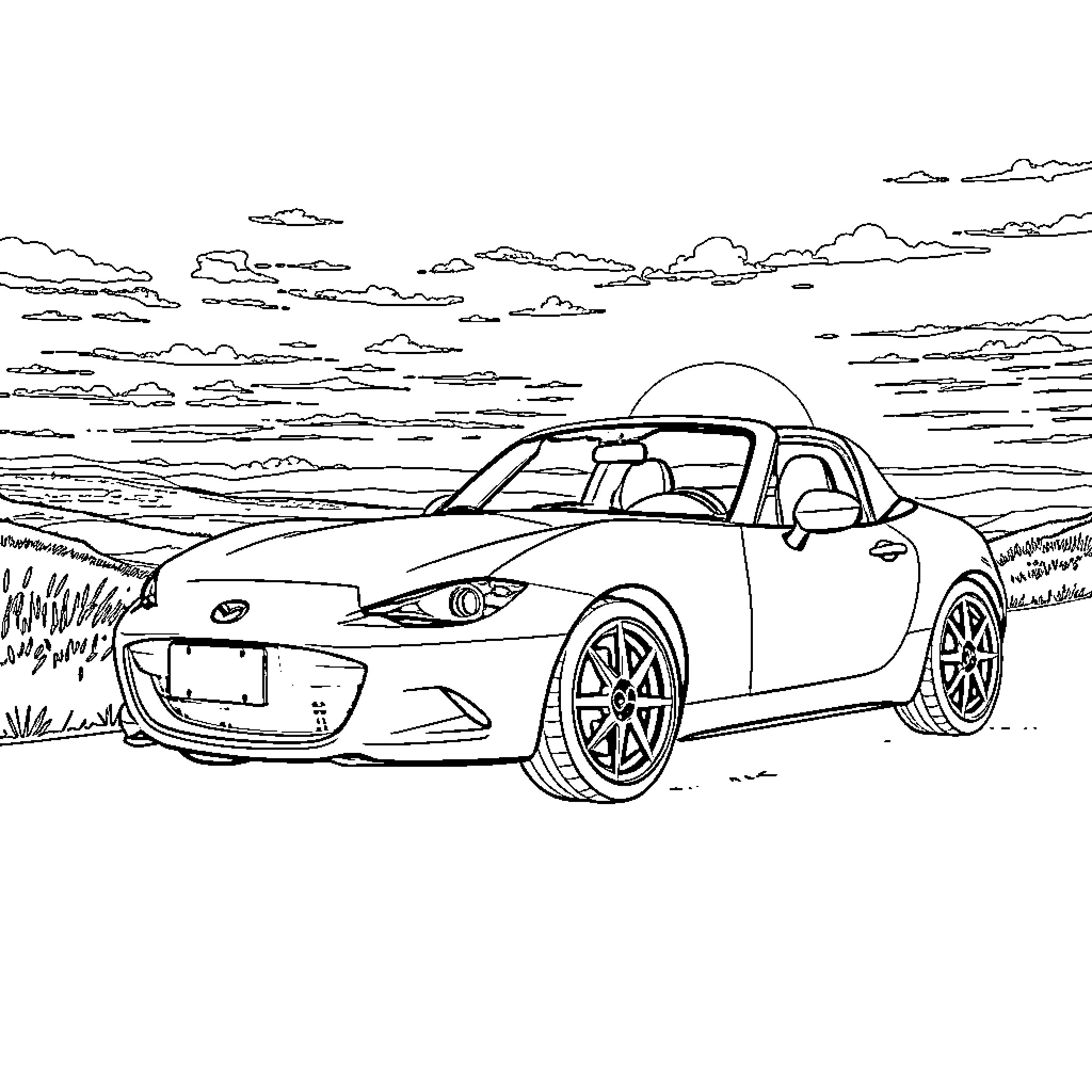 Mazda Miata parked in scenic countryside Coloring Page (free black-and-white line drawing printable PDF for all, from beginners to advanced learners, including children, teens, adults, and seniors)