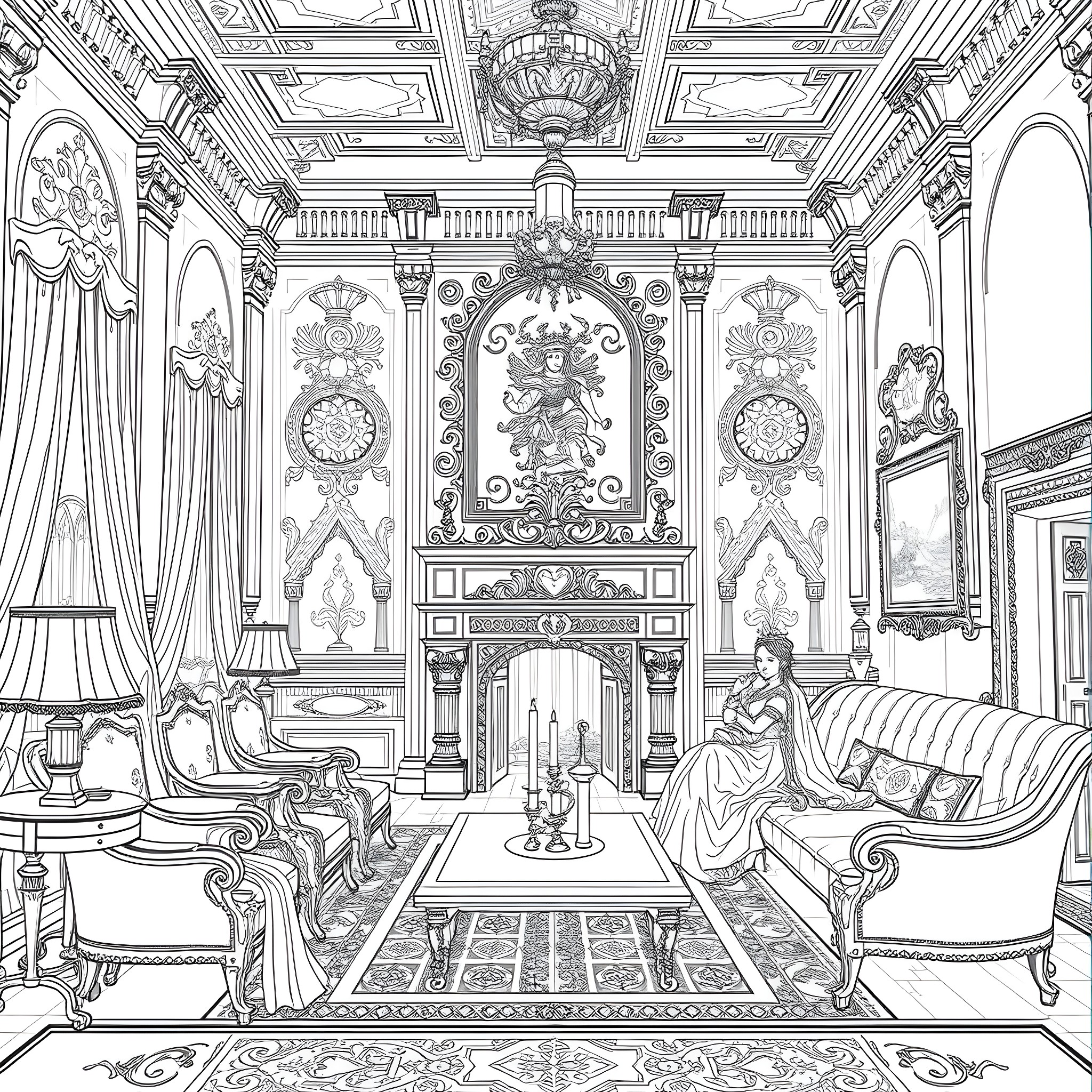 King Queen in Royal Palace Interior Coloring Page (free black-and-white line drawing printable PDF for all, from beginners to advanced learners, including children, teens, adults, and seniors)