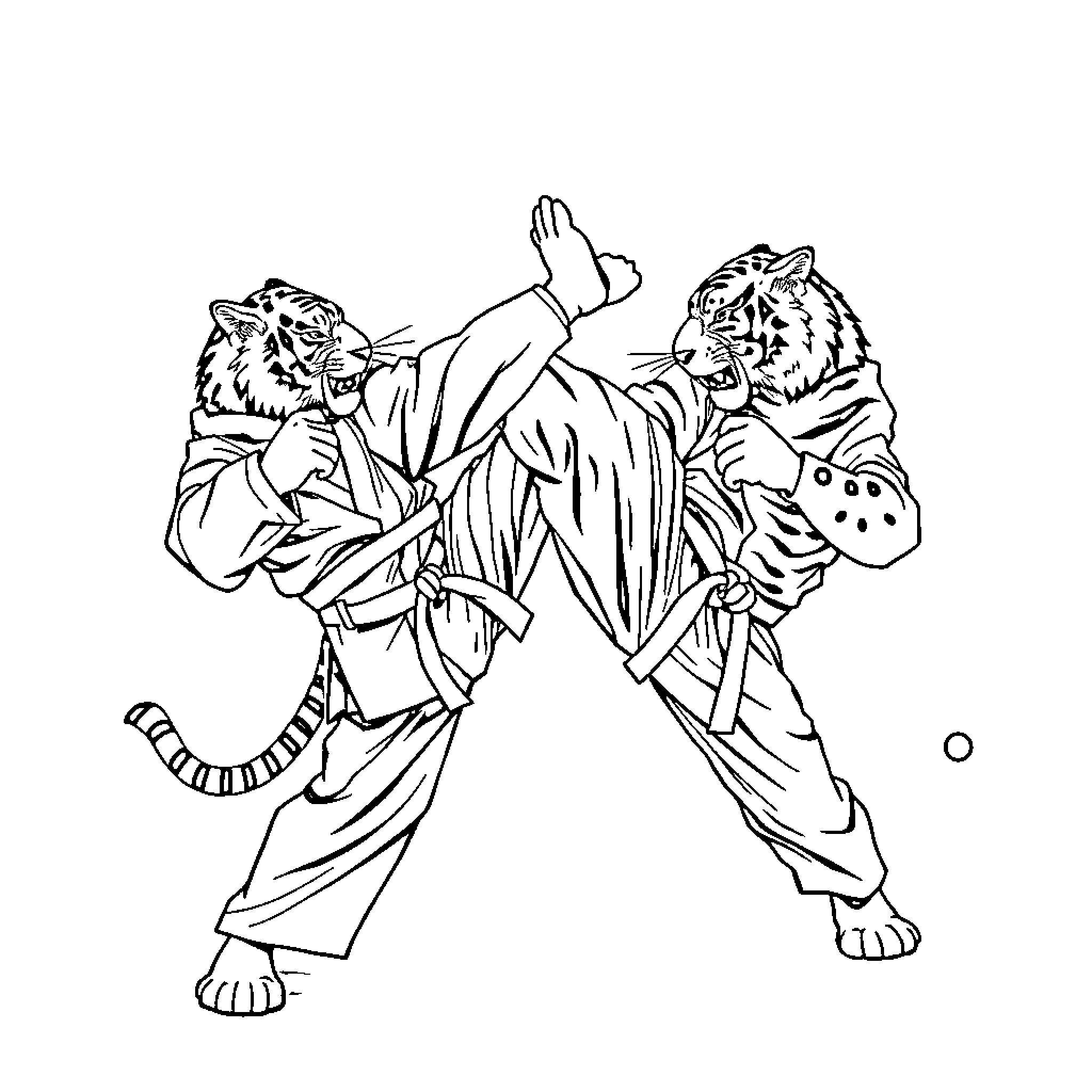 Tiger Martial Arts Masters in Fierce Battle Coloring Page (free black-and-white line drawing printable PDF for all, from beginners to advanced learners, including children, teens, adults, and seniors)