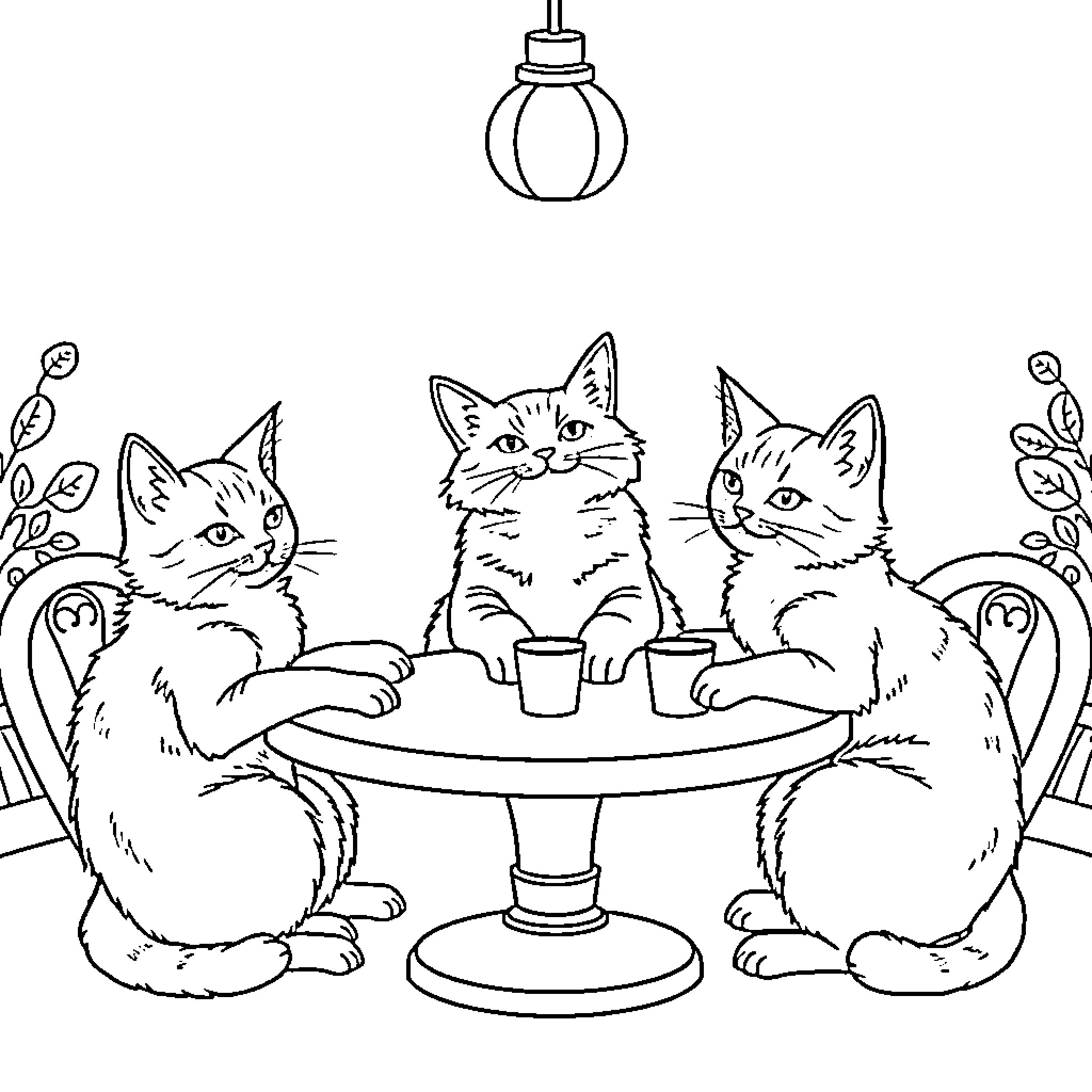 Cat friends having tea together Coloring Page (free black-and-white line drawing printable PDF for all, from beginners to advanced learners, including children, teens, adults, and seniors)